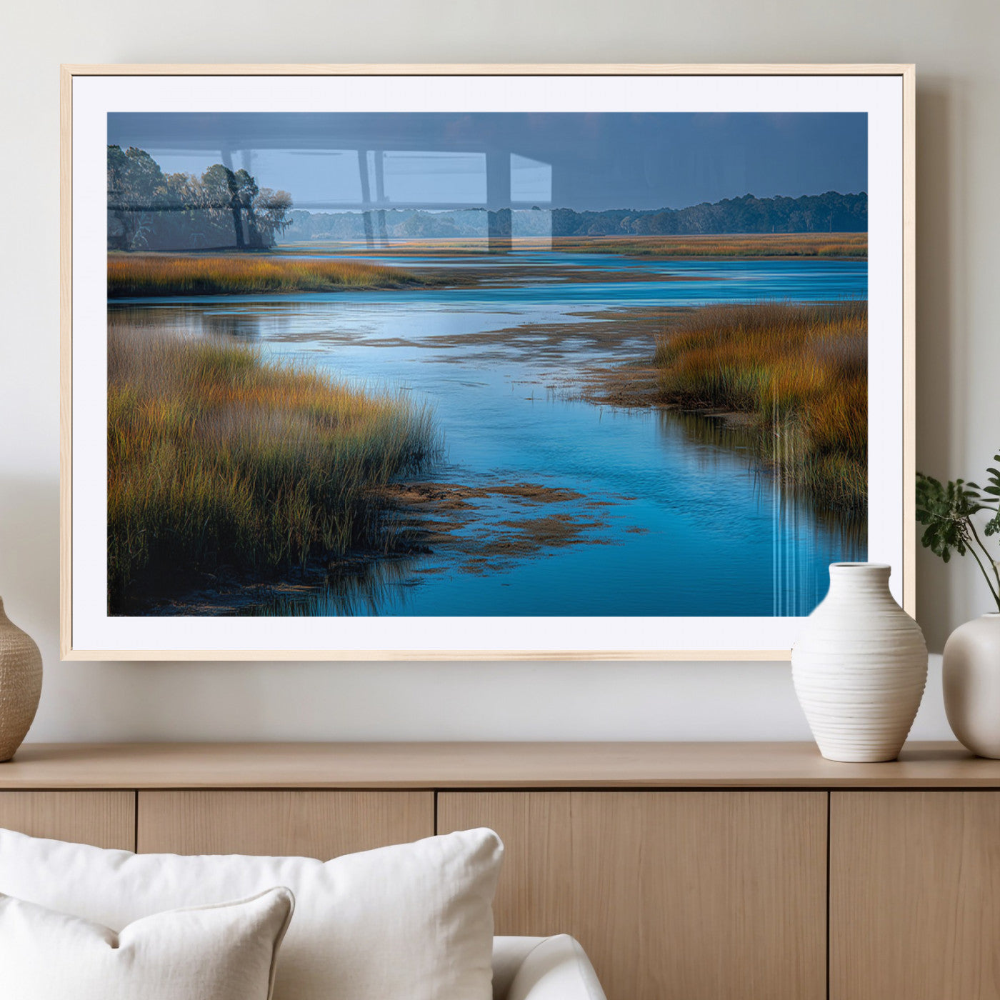 26300004-MGV-CV-36X24-Tranquil Marshland Canvas Wall Art – Blue Water, Reflective Sky, Golden Grasses, Calm Nature Landscape, Scenic Outdoor Beauty for