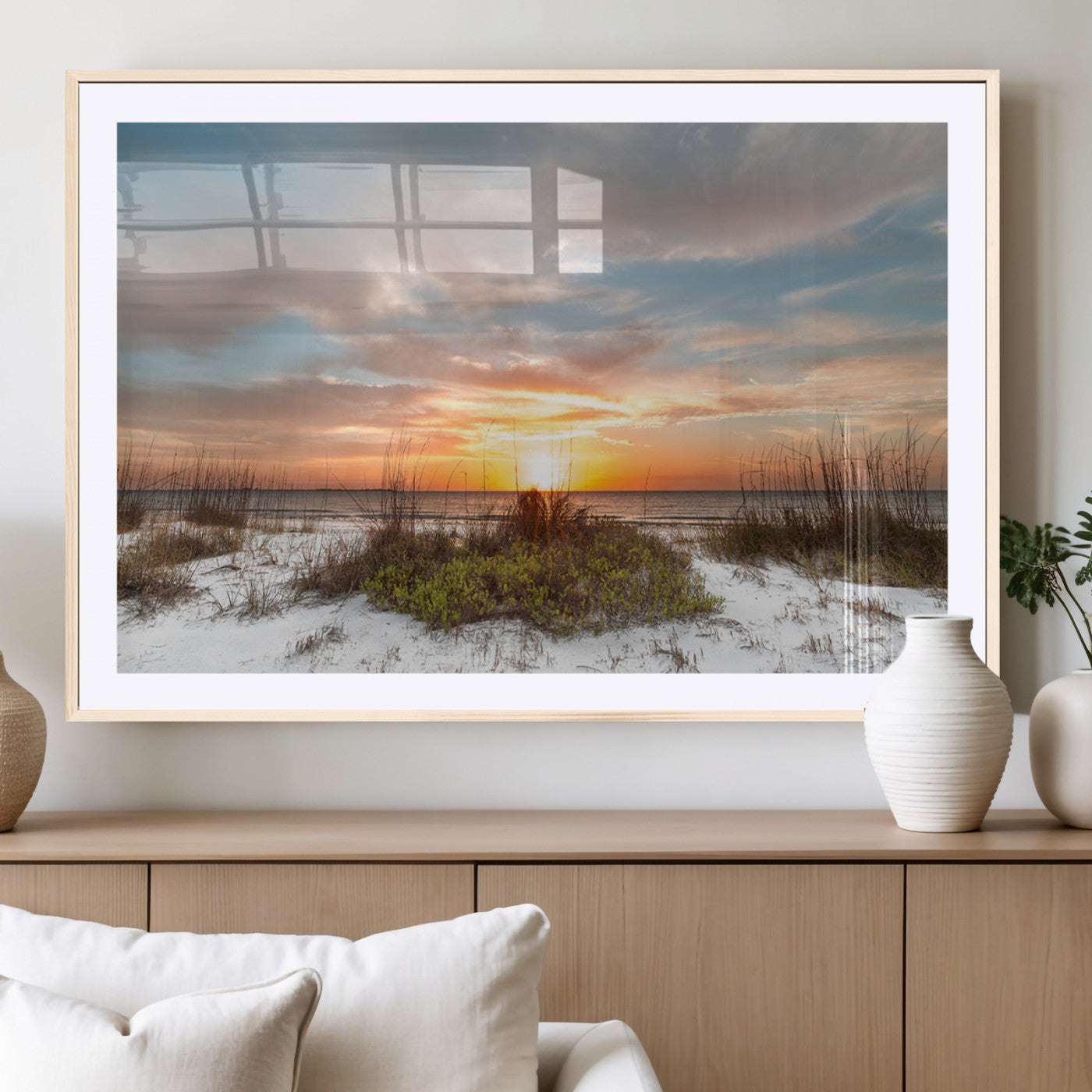 58266230-MGC-FP-36x24_Natural-Beach Sunset Wall Art – Coastal Canvas Print with Sandy Dunes, Sea Grass and Golden Sky, Serene Ocean Landscape Photography for