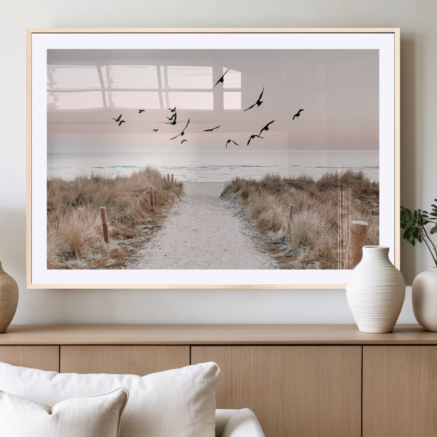 34632598-MGV-CV-36X24-Coastal Pathway Canvas Wall Art – Framed Seaside Landscape, Large Beach and Birds Canvas Print for Home, Office, or Living Room