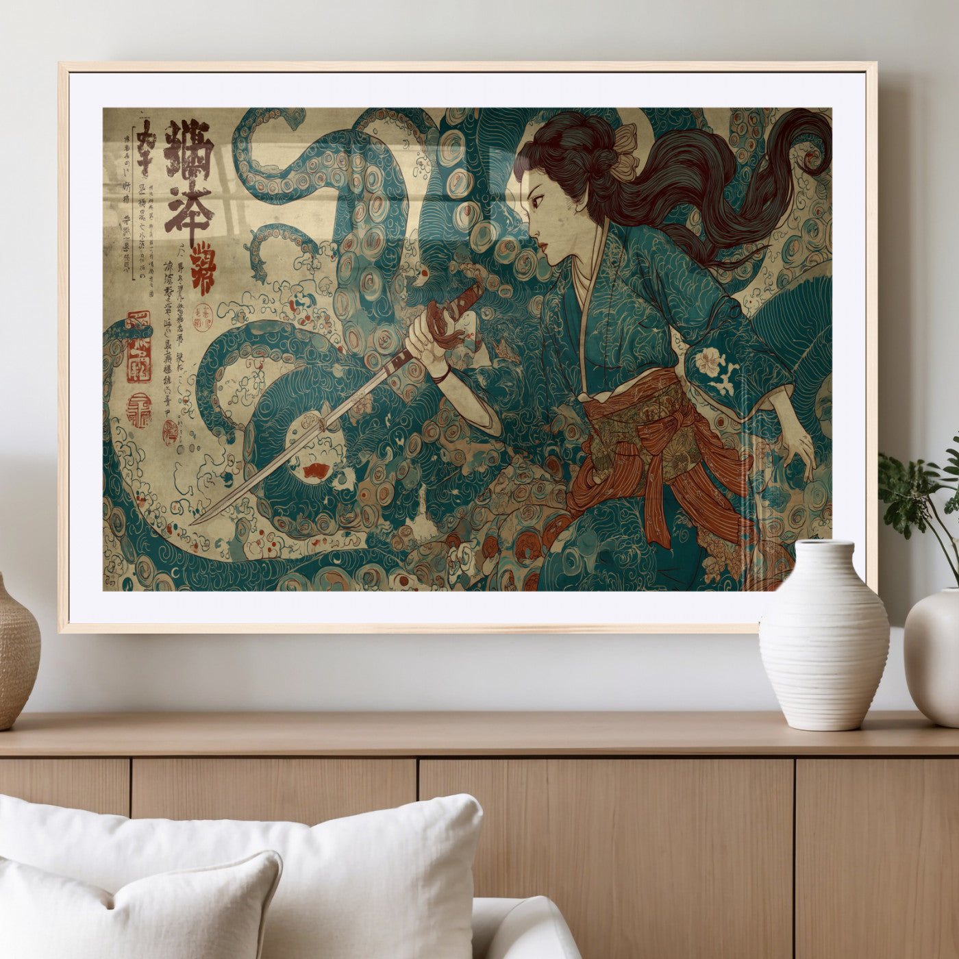 46837670-MGC-FP-36x24_Natural-Tsukioka Yoshitoshi Samurai Wall Art Print, Japanese Katana Warrior Canvas Wall Art, Octopus Sea Monster Canvas Print,