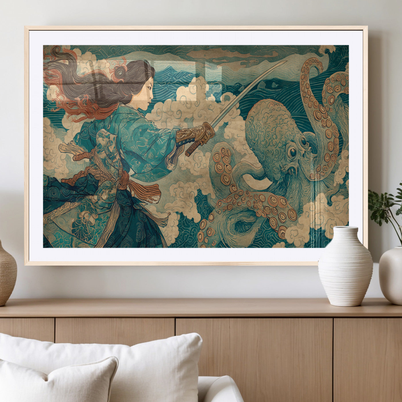 37943964-MGV-CV-36X24-Samurai Warrior vs Octopus Wall Art – Japanese Ukiyo-e Style Canvas Print, Ocean Battle Scene Artwork for Living Room, Office, Man