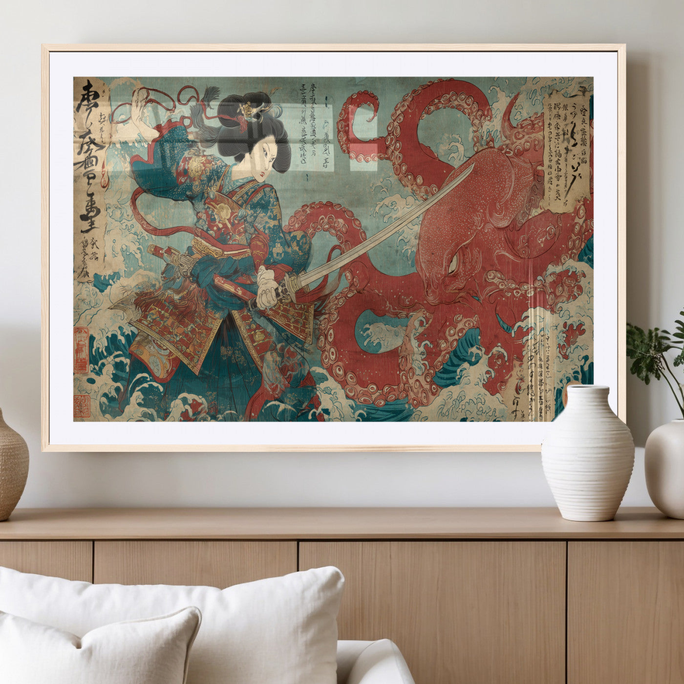 68844327-MGC-FP-36x24_Natural-Tsukioka Yoshitoshi Samurai Wall Art Print, Japanese Katana Warrior Canvas Wall Art, Octopus Sea Monster Canvas Print,