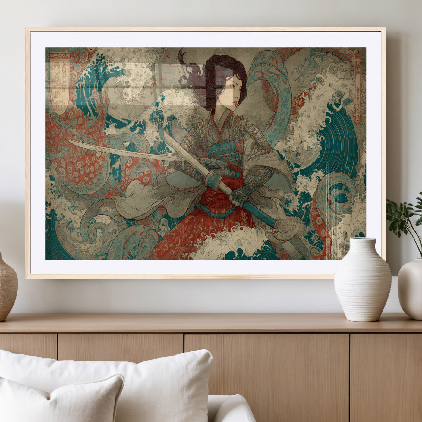 63377977-MGC-FP-36x24_Natural-Tsukioka Yoshitoshi Samurai Wall Art Print, Japanese Katana Warrior Canvas Wall Art, Octopus Sea Monster Canvas Print,