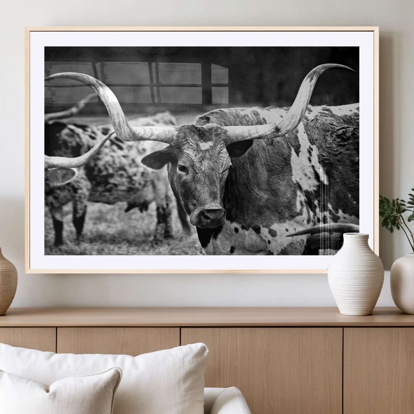 15425553-MGV-CV-36X24-Western Wall Art – Longhorn Cattle Black and White Canvas Print, Rustic Ranch Photography Decor for Bedroom, Living Room, Office,
