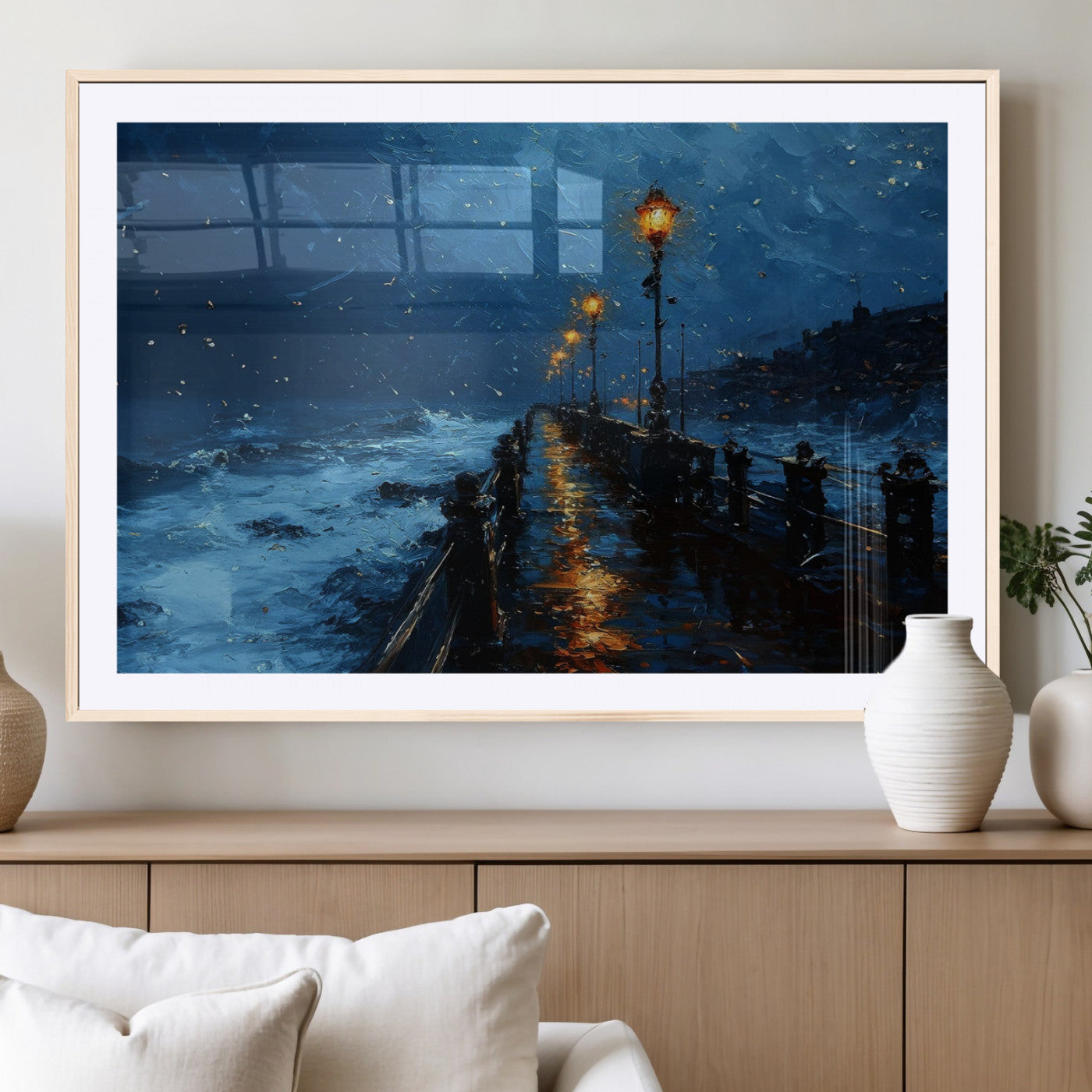 48300530-MGV-CV-36X24-Night Pier Wall Art – Moody Ocean Boardwalk Canvas Print, Impressionist Coastal Seascape Painting Decor for Living Room, Office,