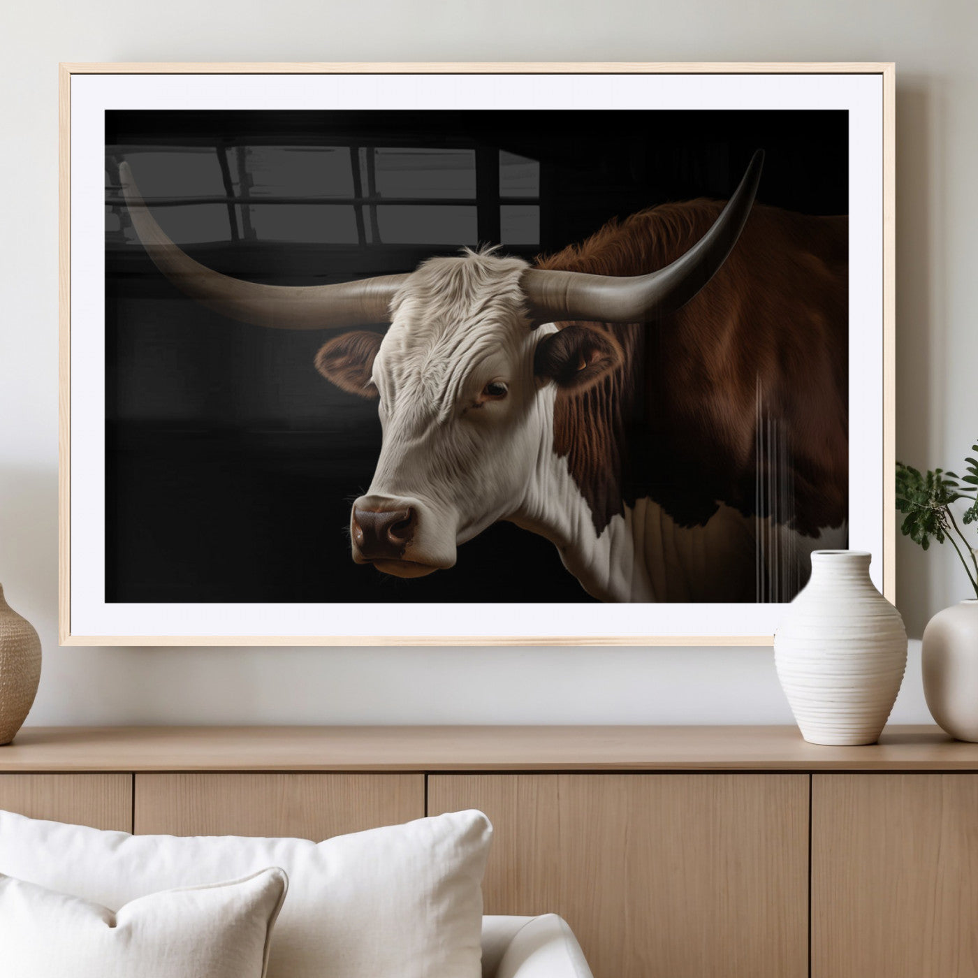 27414857-MGV-CV-36X24-Longhorn Bull Wall Art – Dramatic Western Steer Portrait Canvas Print, Rustic Farmhouse Animal Decor for Living Room, Office, or