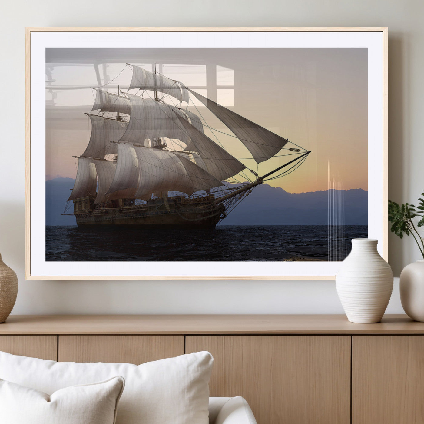 99957679-MGV-CV-36X24-Majestic Sailing Ship Wall Art – Sunset Ocean Voyage, Classic Tall Ship with Wind Filled Sails Canvas Print for Home, Office,
