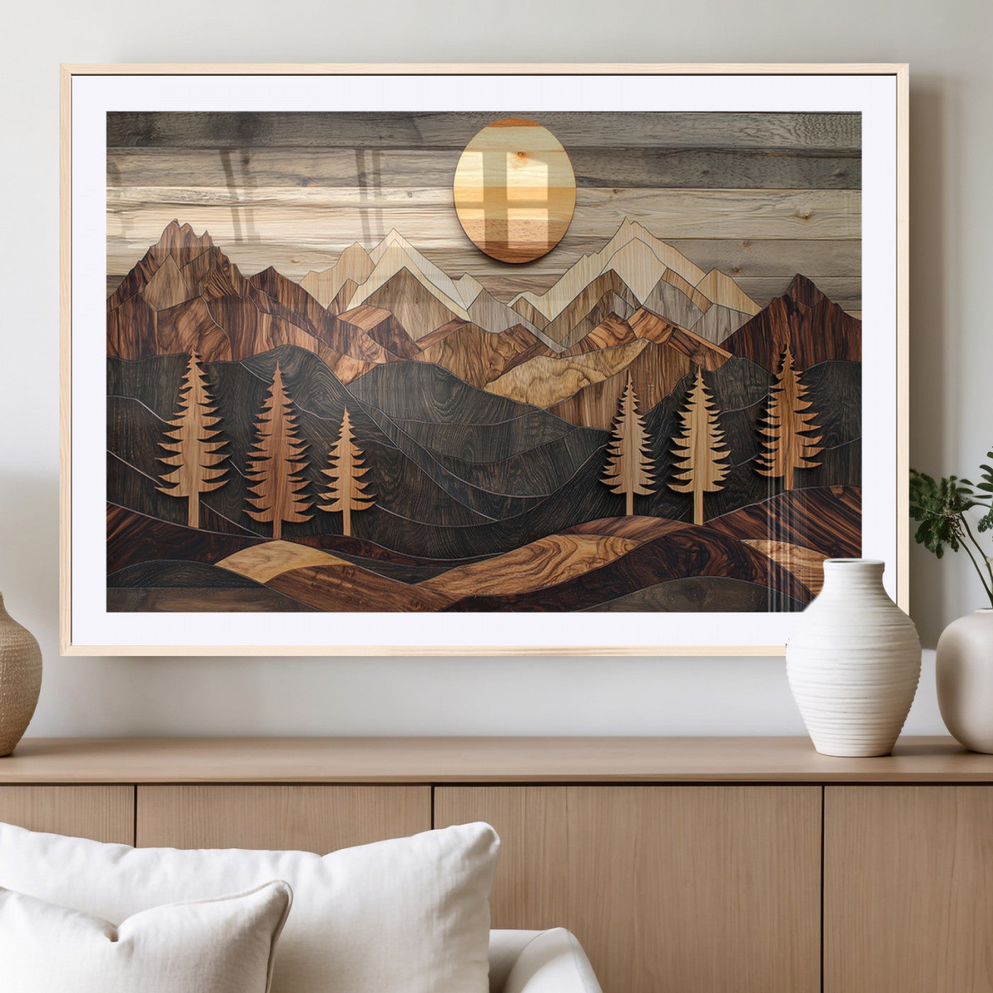 90044381-MGC-FP-36x24_Natural-Rustic Wall Art – Wooden Mountain Landscape with Sun and Pine Trees, Handcrafted Nature Canvas Style Decor for Bedroom, Living