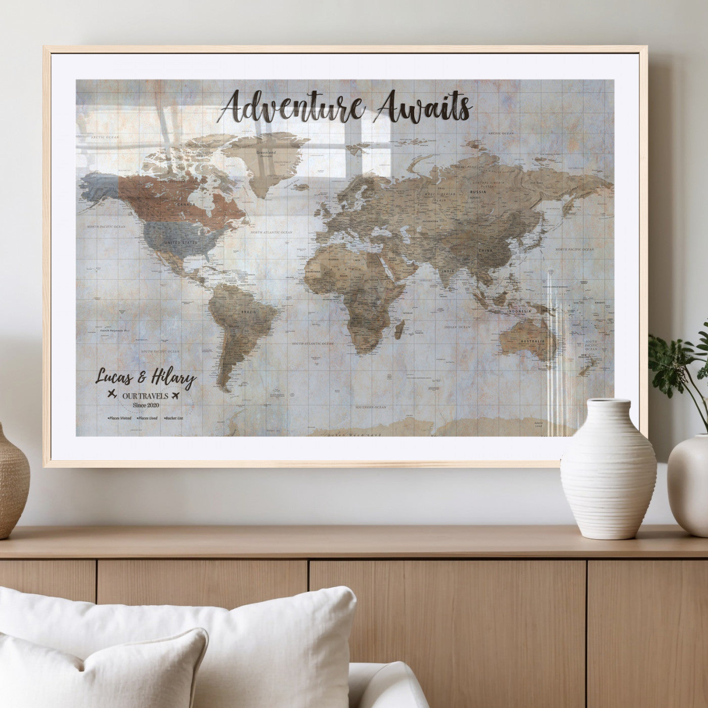 30792405-MGV-CV-36X24-Personalized World Map Wall Art – Rustic Beige Adventure Travel Map with Custom Couple Names, Vintage Wall Decor for Home or