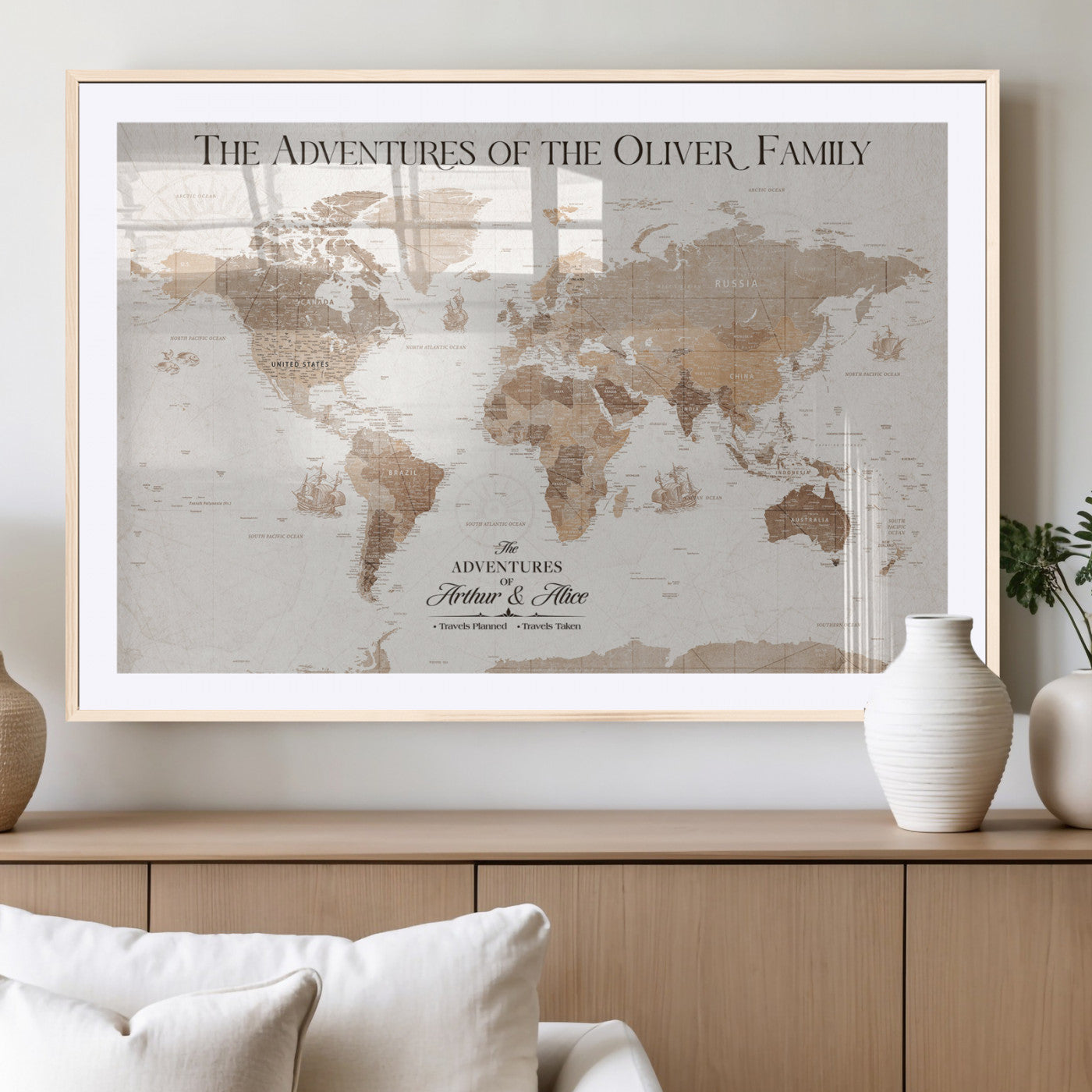 43869621-MGV-CV-36X24-Personalized World Map Wall Art – Light Beige Sepia Adventure Travel Map with Custom Family or Couple Names, Rustic Wall Decor for