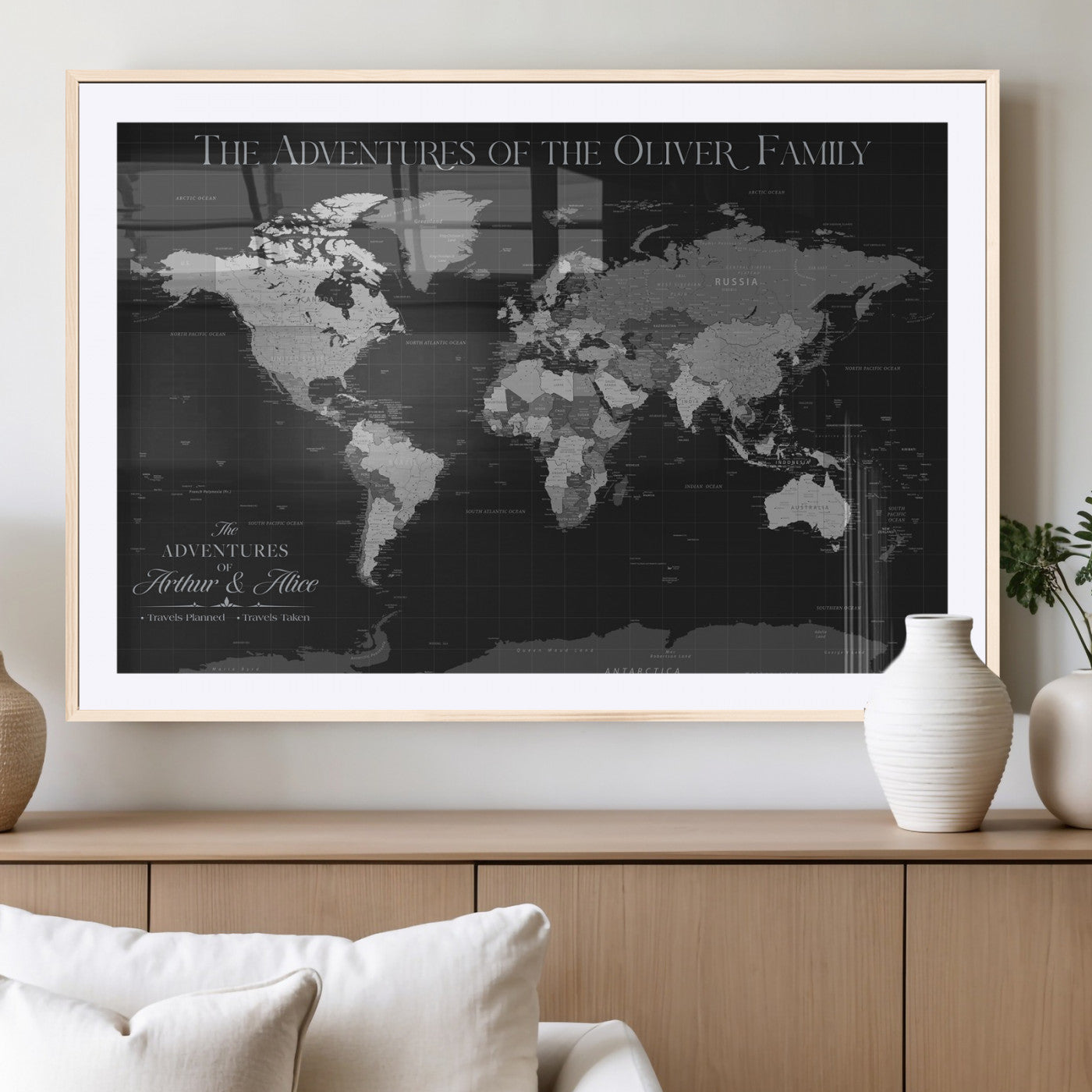 46064114-MGV-CV-36X24-Personalized World Map Wall Art – Black & Grey Adventure Travel Map with Custom Family or Couple Names, Modern Wall Decor for Home