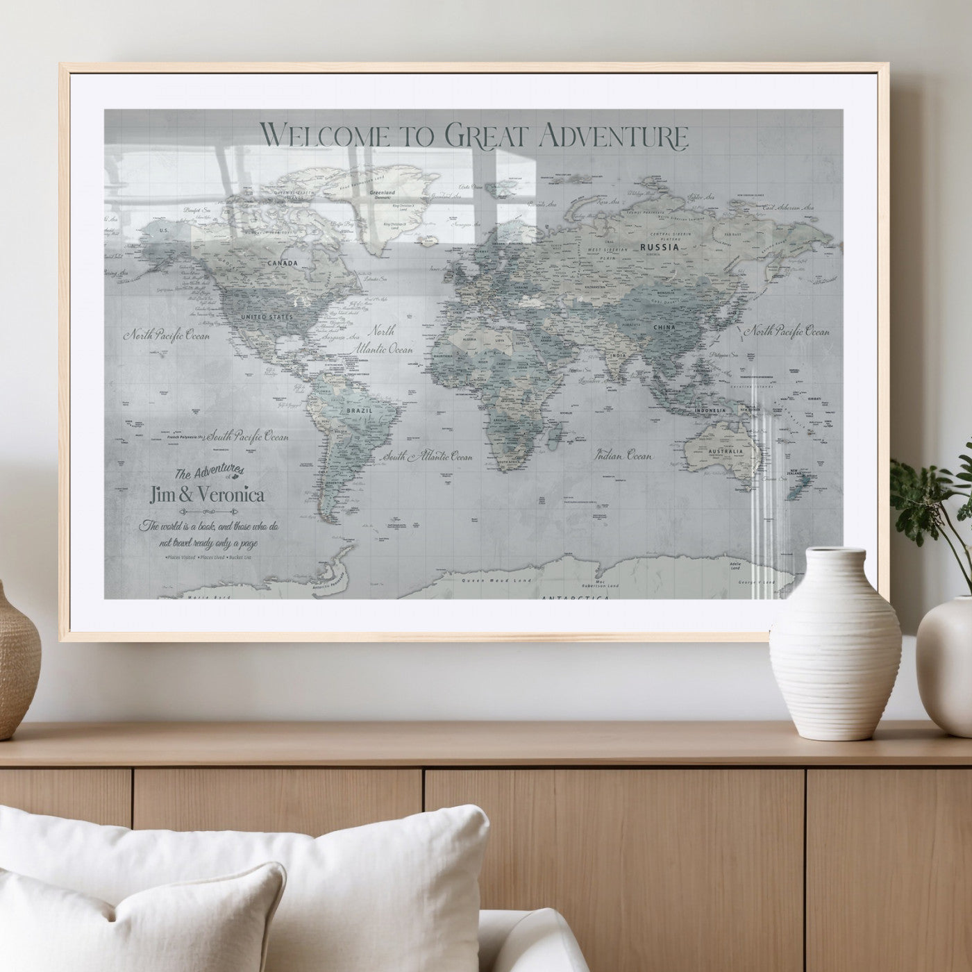 70605050-MGV-CV-36X24-Personalized World Map Wall Art – Cool Gray Adventure Travel Map with Custom Names, Elegant Push Pin Canvas for Couples, Family