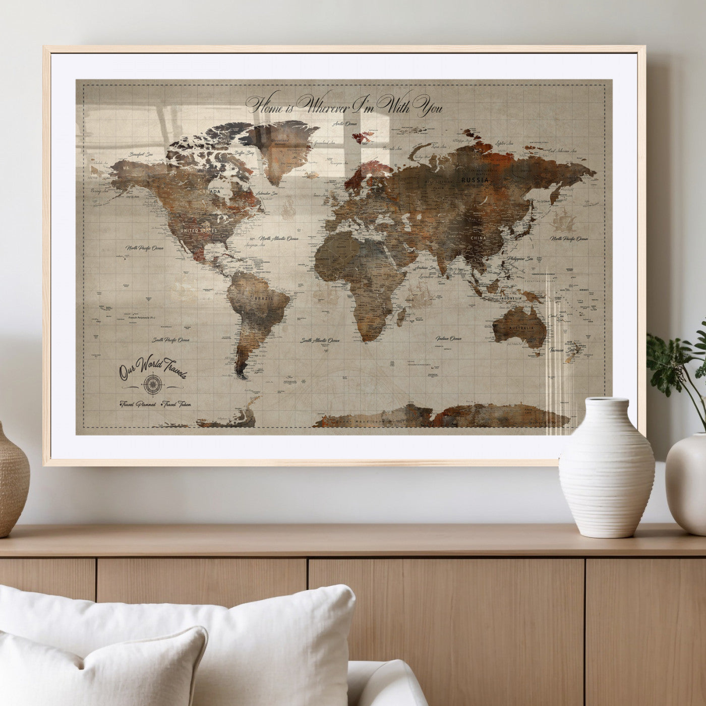48225643-MGV-CV-36X24-Personalized World Map Wall Art – Rustic Vintage Adventure Travel Map with Custom Couple Names, Romantic Wall Decor for Home or