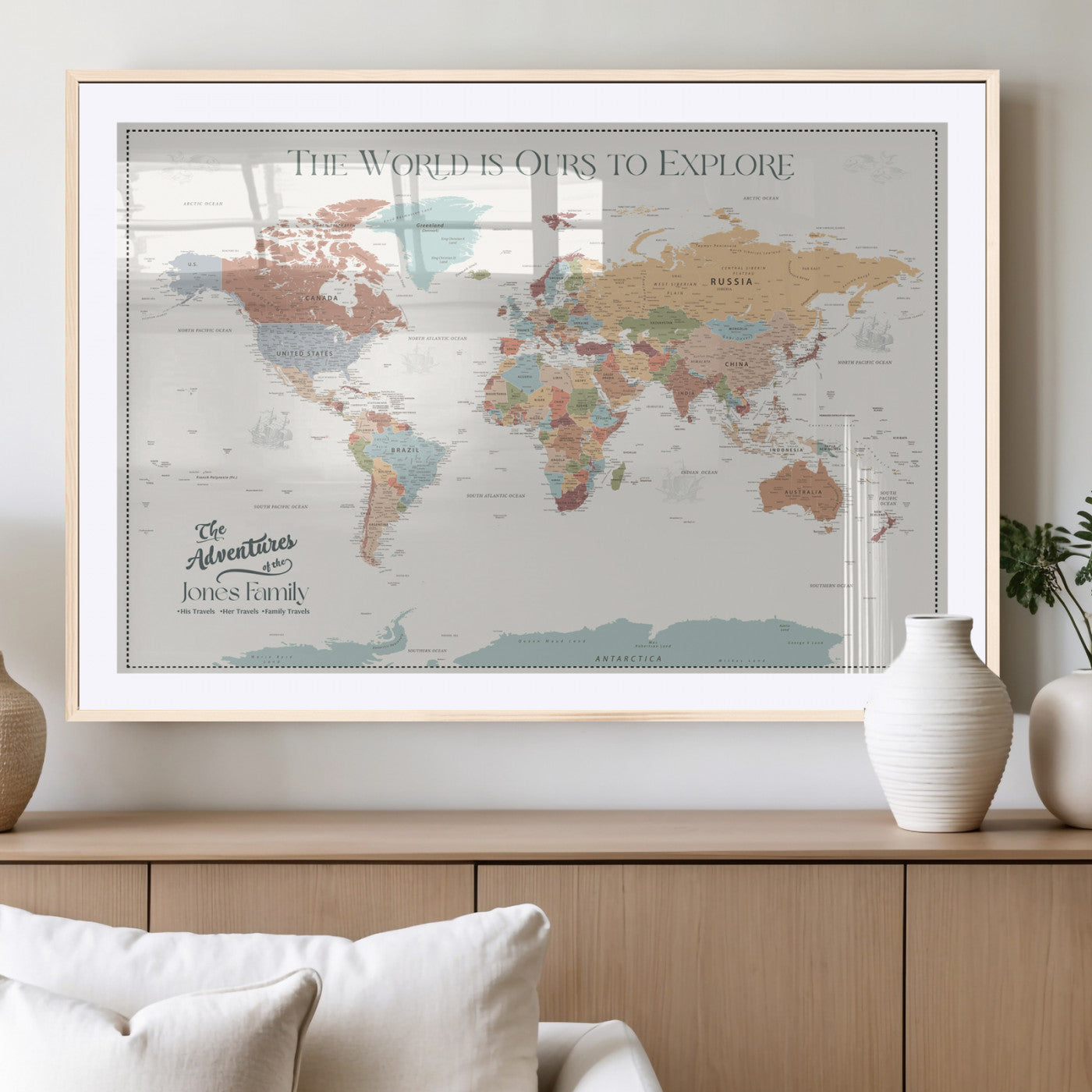 69180591-MGV-CV-36X24-Personalized World Map Wall Art – Rustic Vintage Adventure Travel Map with Custom Family Names, Unique Wall Decor for Couples,