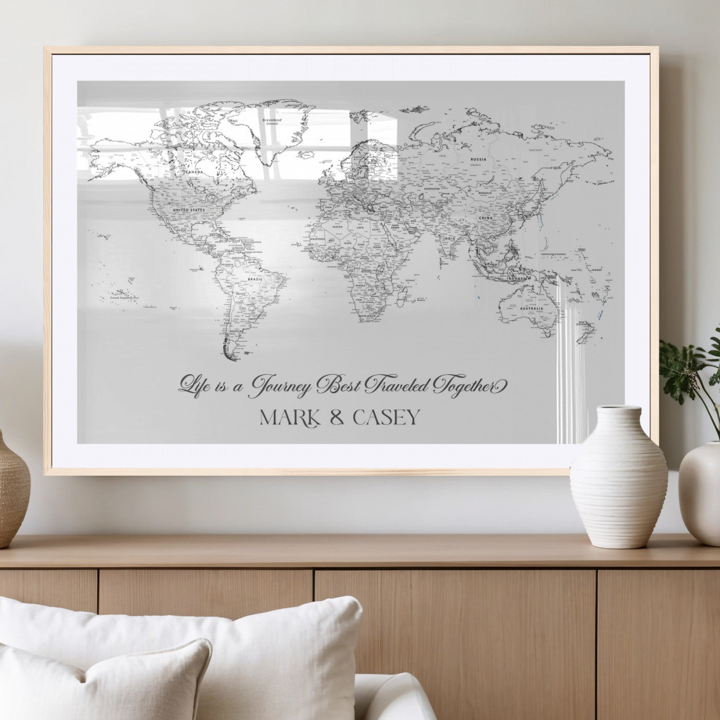 43438578-MGV-CV-36X24-Personalized World Map Wall Art – Black and White Minimal Travel Map with Custom Names, Elegant Wall Decor for Couples, Wedding or