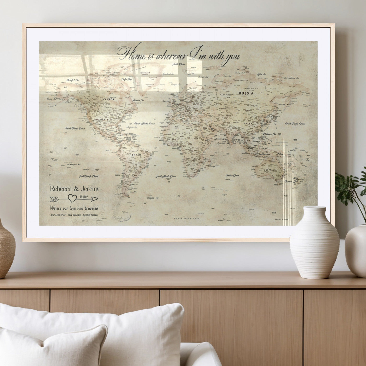 57950315-MGV-CV-36X24-Personalized World Map Wall Art – Vintage Beige Travel Map with Custom Names, Romantic Anniversary Gift for Couples, Adventure