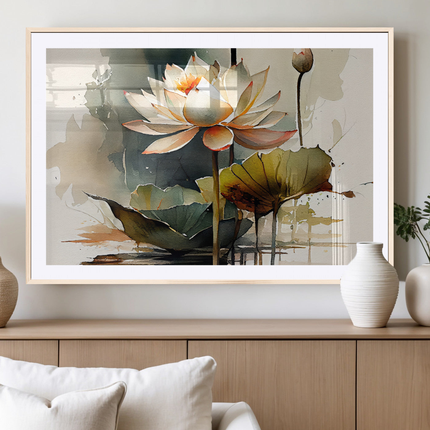 46359-MGC-FP-36x24_Natural-Lotus Blossom Wall Art Canvas Print, Framed Water Lily Art Picture Print, Zen Flower Perfect Zen Botanical Decor Artwork