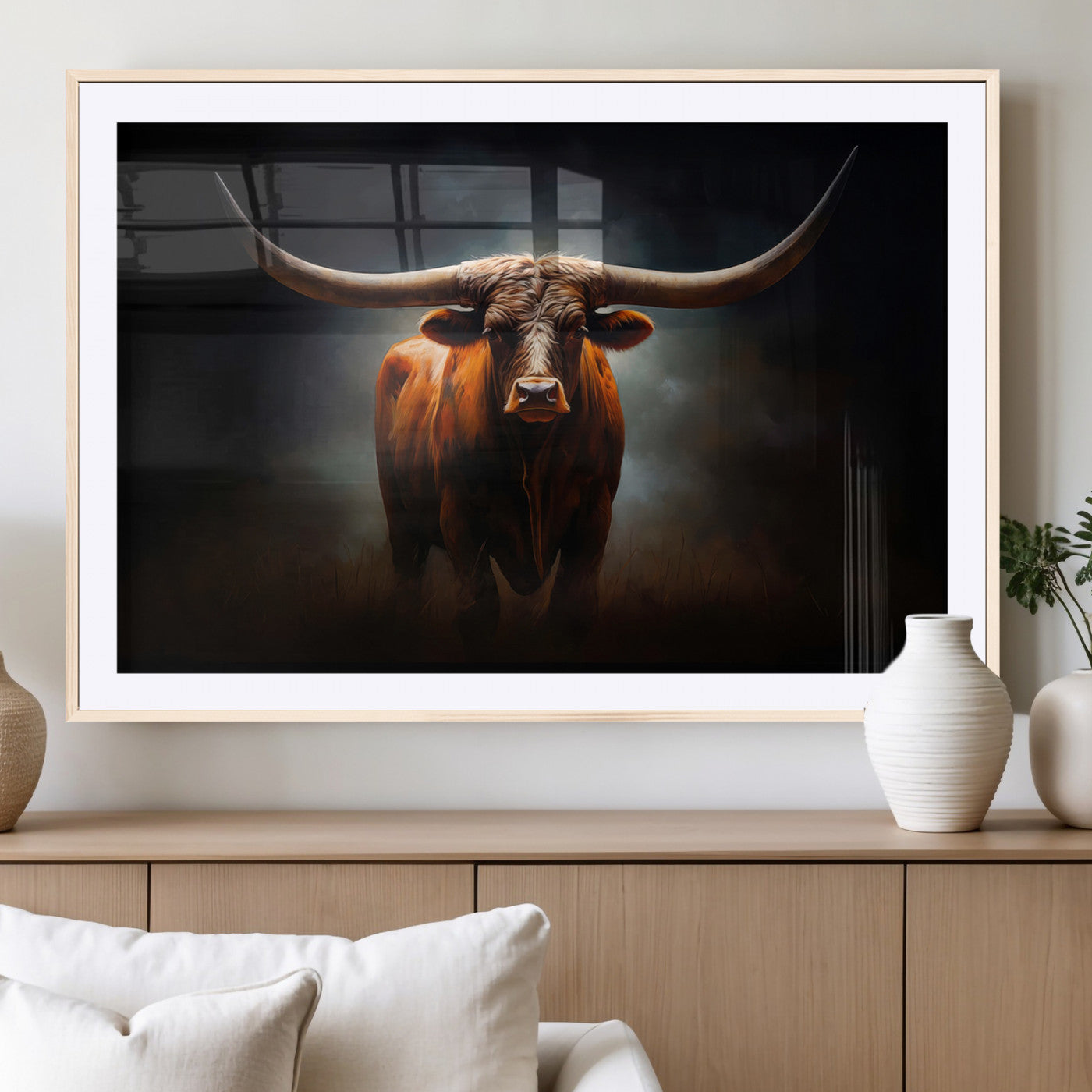 12484-MGC-FP-36x24_Natural-Texas Longhorn Wall Art Canvas Print, Framed Western Bull Art Picture Print, Moody Cattle Perfect Moody Western Decor Artwork