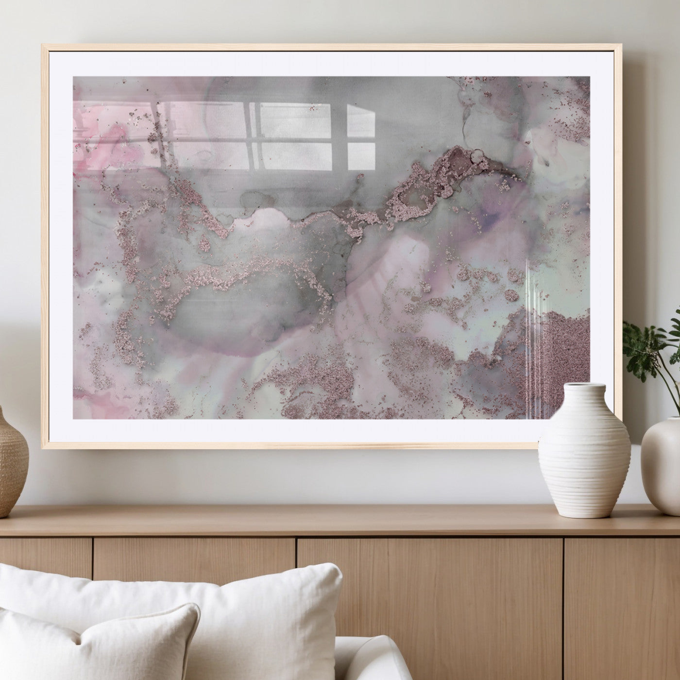 16416-MGC-FP-36x24_Natural-Blush Marble Wall Art Canvas Print, Framed Rose Gold Art Picture Print, Pink Cloudy Perfect Modern Glam Decor Artwork