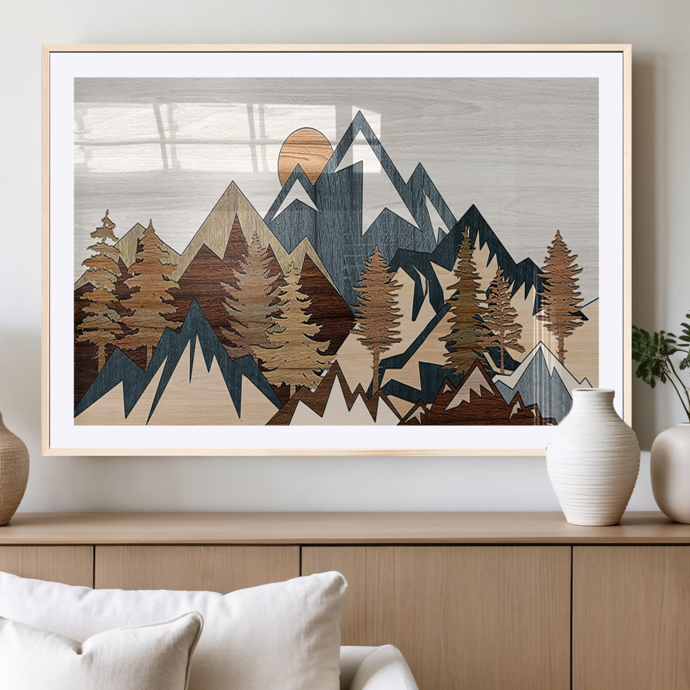 80300-MGC-FP-36x24_Natural-Geometric Mountains Wall Art Canvas Print, Framed Stylized Trees Art Picture Print, Graphic Forest Perfect Rustic Abstract Decor