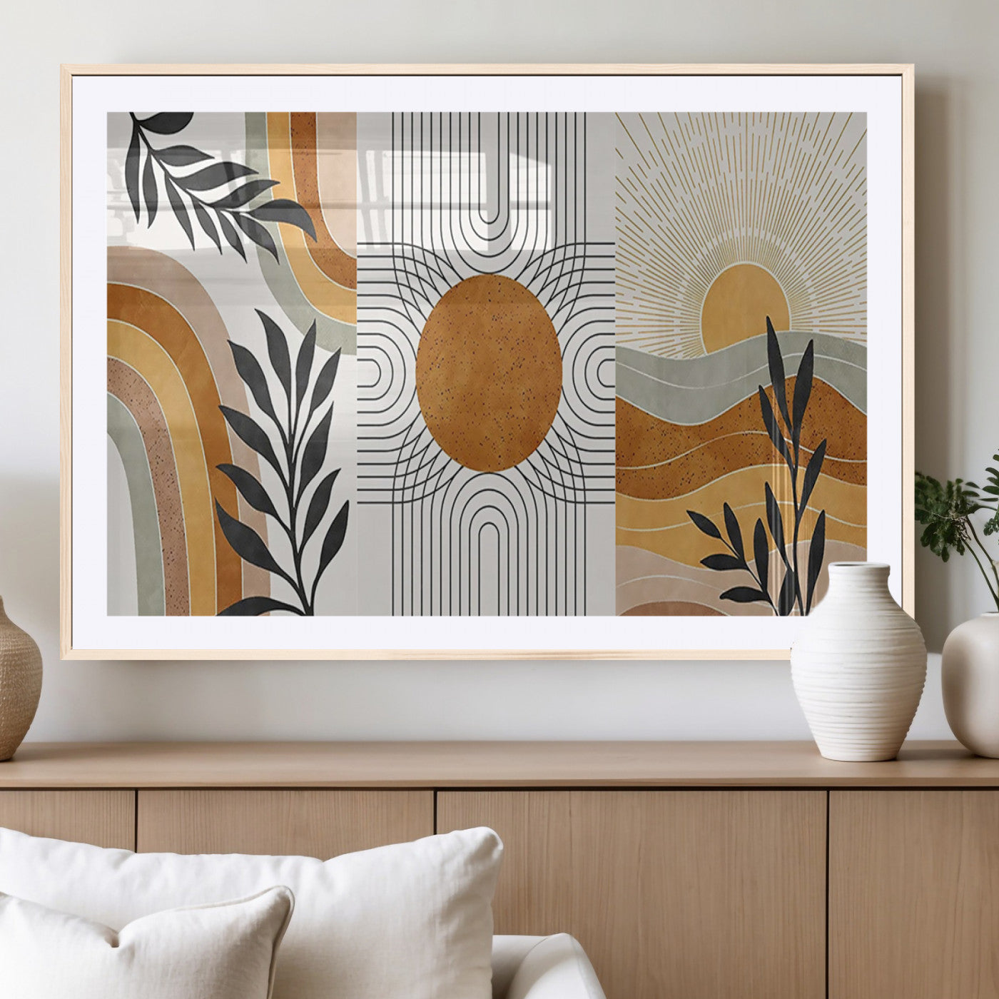 32359-MGC-FP-36x24_Natural-Modern Sun Wall Art Canvas Print, Framed Retro Horizon Art Picture Print, Sunburst Design Perfect Mid Century Boho Decor Artwork