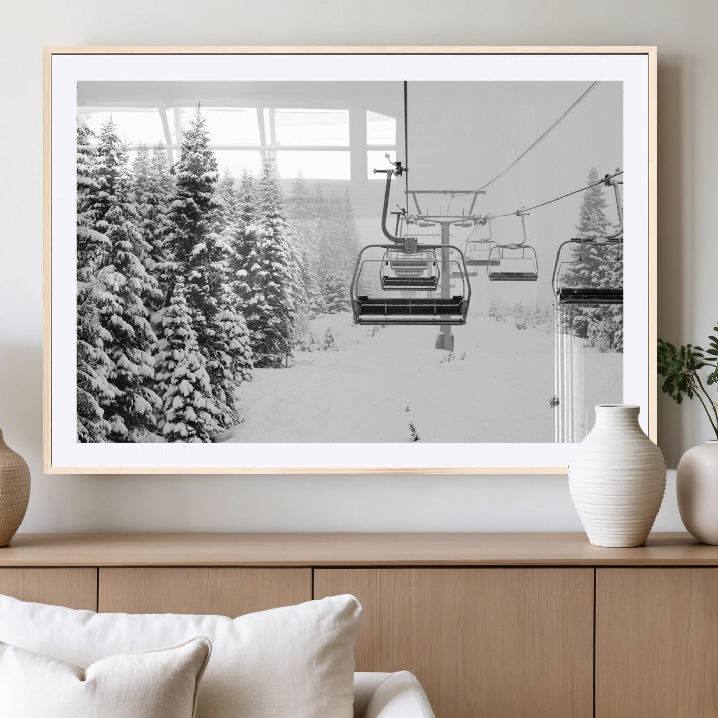49274-MGV-CV-36X24-Snowy Forest Wall Art Canvas Print, Framed Ski Lift Art Picture Print, Mountain Snow Perfect Minimal Winter Lodge Decor Artwork