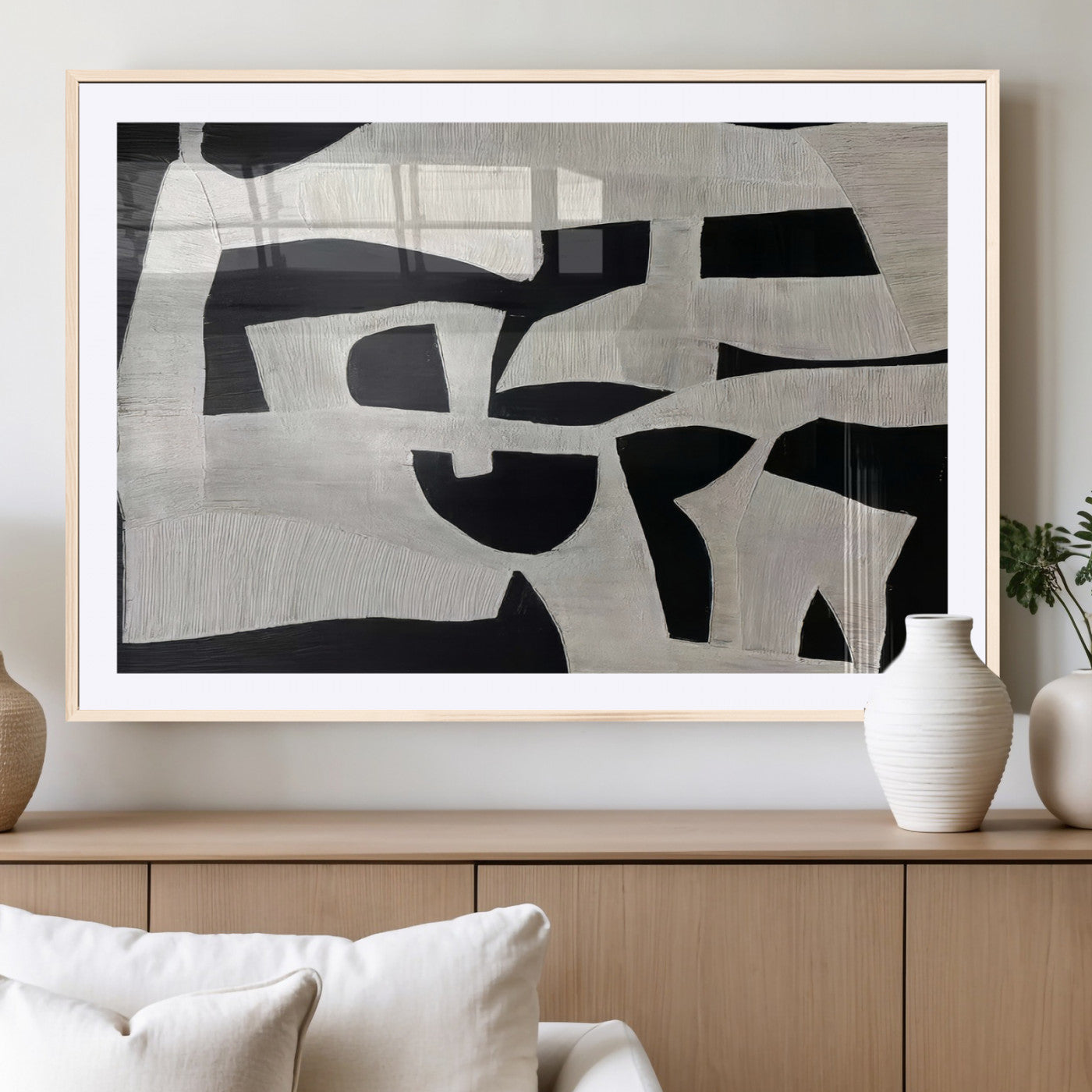 33714-MGC-FP-36x24_Natural-Monochrome Design Wall Art Canvas Print, Framed Modern Linework Art Picture Print, Textured Shapes Perfect Monochrome Modern Decor