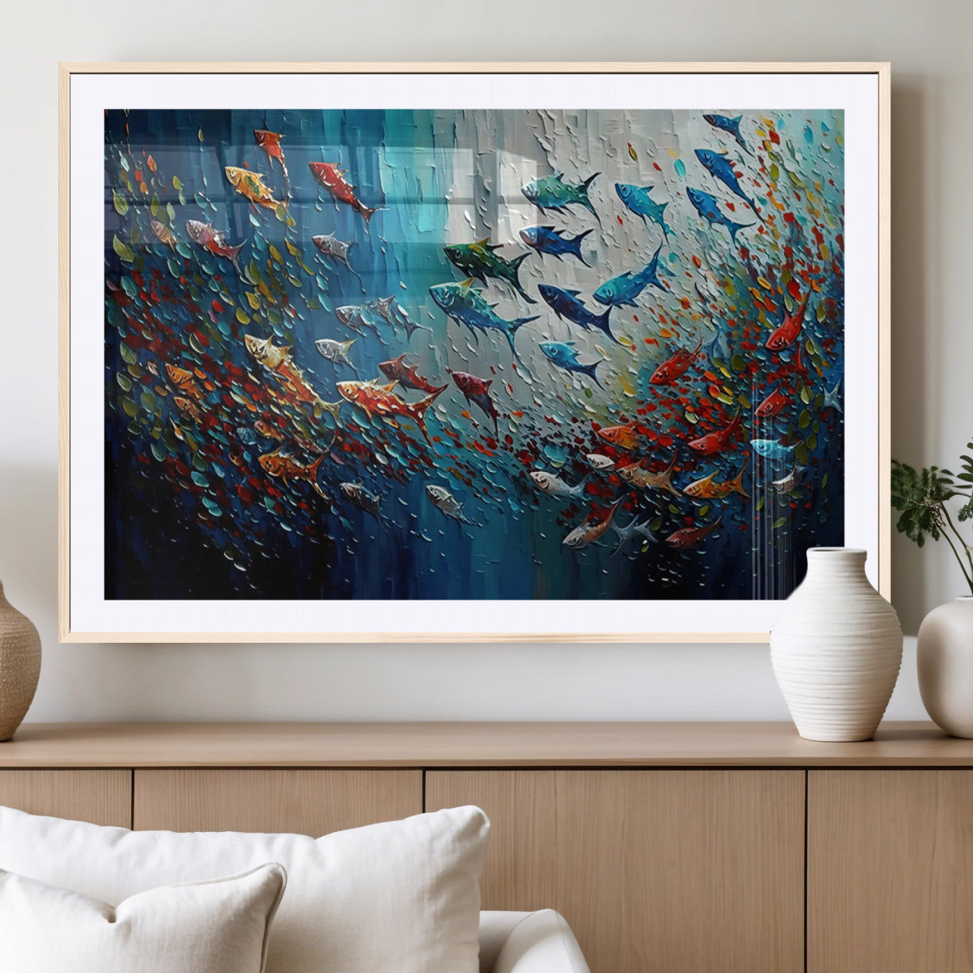 89626-MGC-FP-36x24_Natural-Fish Swarm Wall Art Canvas Print, Framed Abstract Ocean Art Picture Print, Underwater Life Perfect Vibrant Coastal Decor Artwork