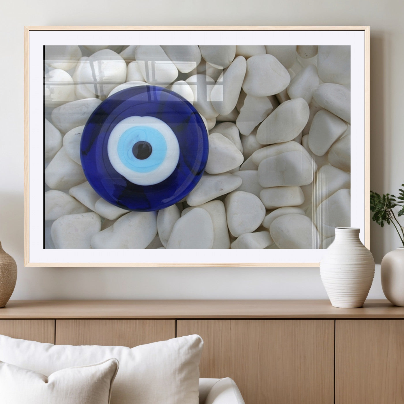 48883-MGV-CV-36X24-Evil Eye Wall Art – Deep Blue Symbol of Presence and Calm on White Stones, Subtle Spiritual Decor for Entryway, Studio, Office or