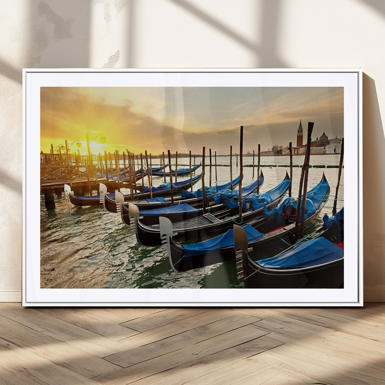 25872-MGC-FP-36x24_White-Venetian Gondola Dock Wall Art – Serene Sunset Canal Canvas Print, Tranquil Water Travel Decor for Office, Living Room, or Man