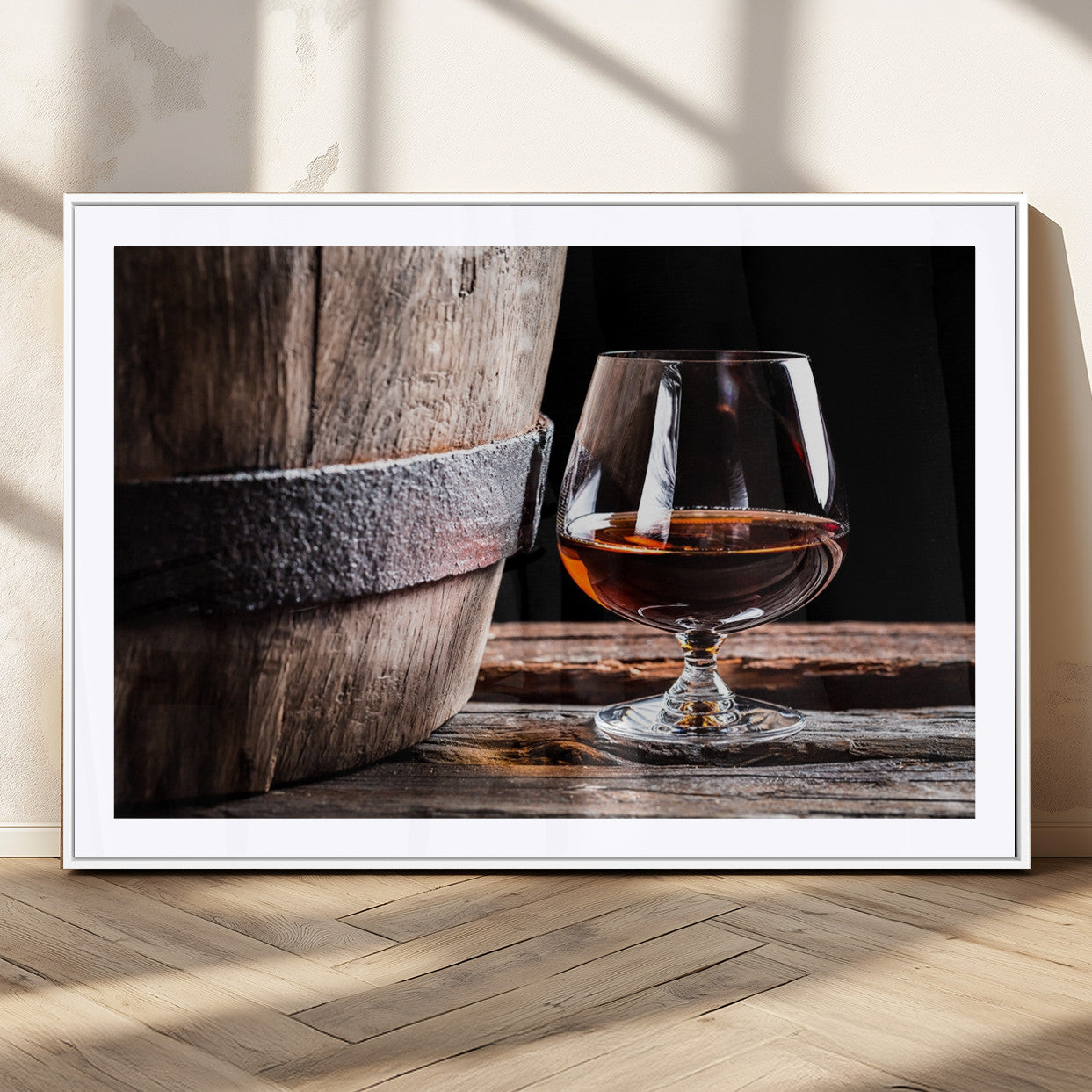 50839-MGV-CV-36X24-Barrel & Brandy Wall Art – Rustic Whiskey Barrel and Brandy Glass Canvas Print, Elegant Home Bar or Lounge Decor for Office, Man
