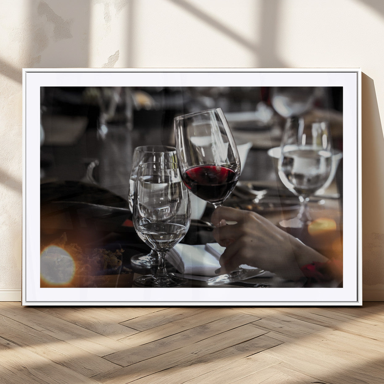 75513-MGC-FP-36x24_White-Elegant Wine Toast Wall Art – Close-Up Red Wine Glass at Dinner Table Canvas Print, Sophisticated Dining Room or Bar Decor