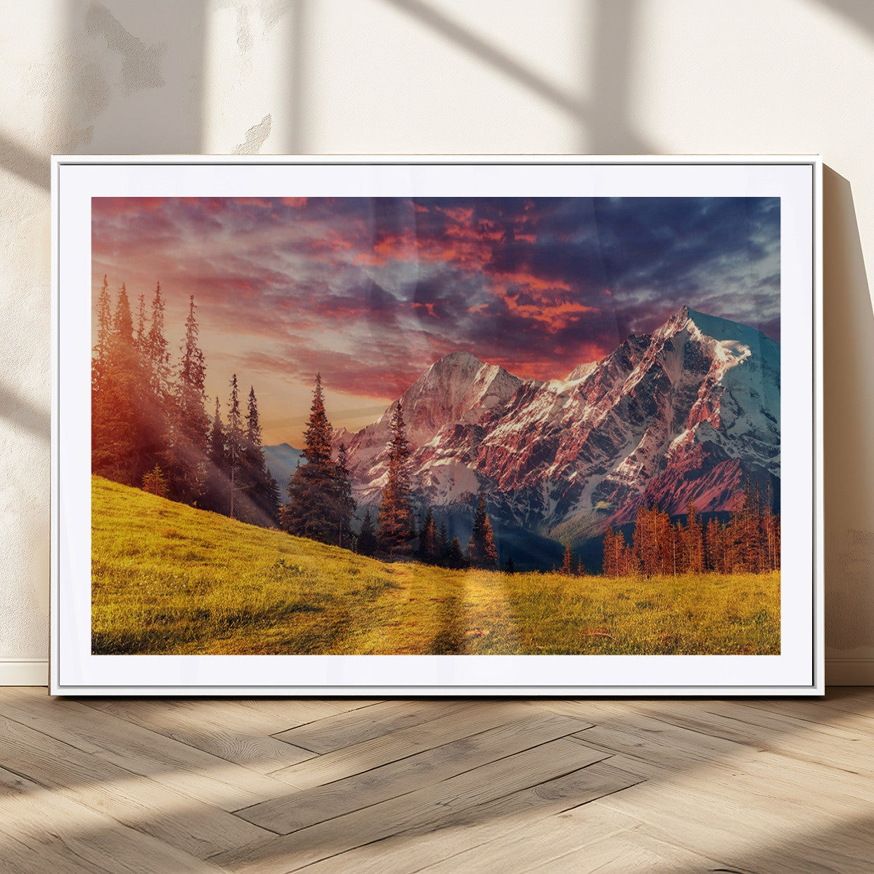 83947-MGC-FP-36x24_White-Sunset Mountain Landscape Wall Art – Panoramic Alpine Meadow and Snow Capped Peaks Canvas Print, Nature Scenic Decor for Home,