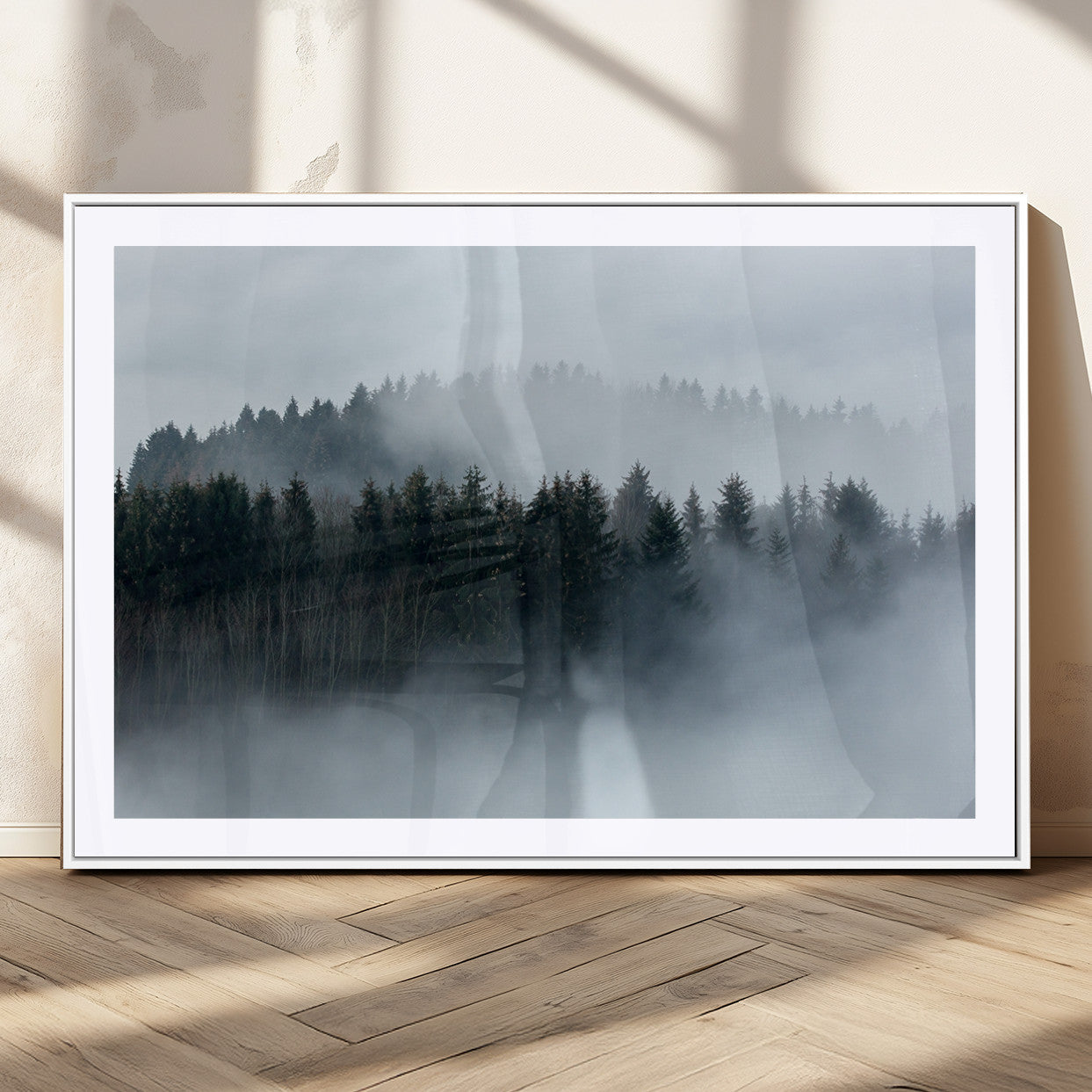42596-MGC-FP-36x24_White-Misty Forest Wall Art – Atmospheric Pine Trees Canvas Print, Nature Landscape Decor for Living Room, Bedroom, Office, or Cabin