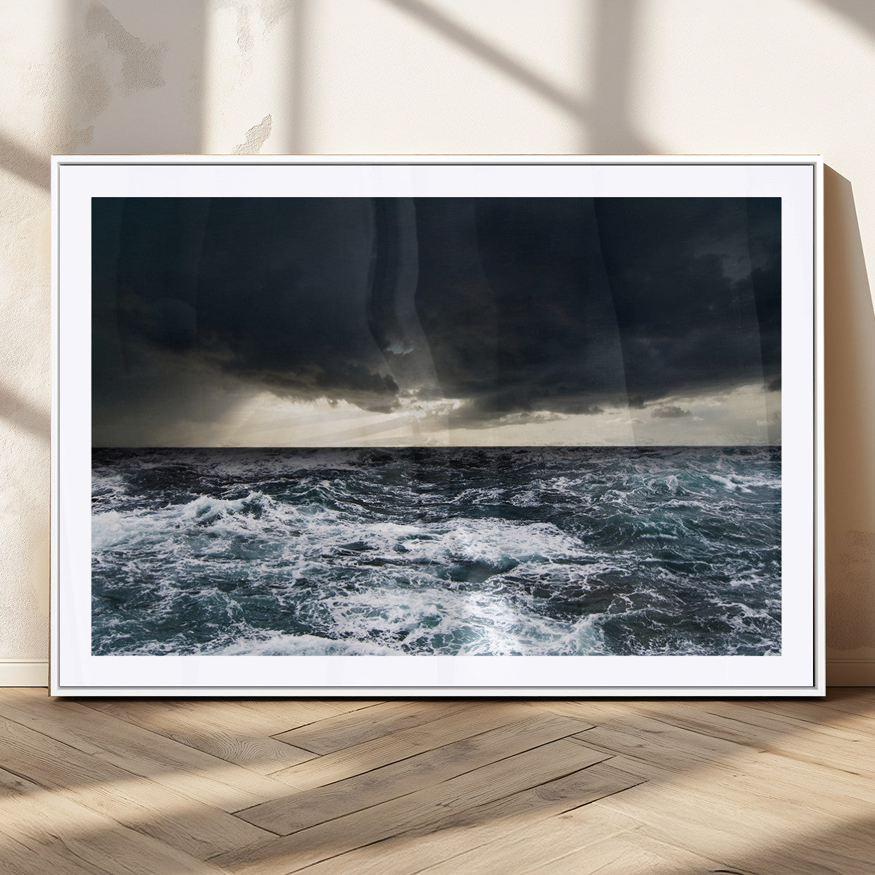 42607-MGC-FP-36x24_White-Stormy Ocean Wall Art – Dramatic Sea and Sky Canvas Print with Sun Rays, Moody Nature Decor for Living Room, Office, Bedroom or