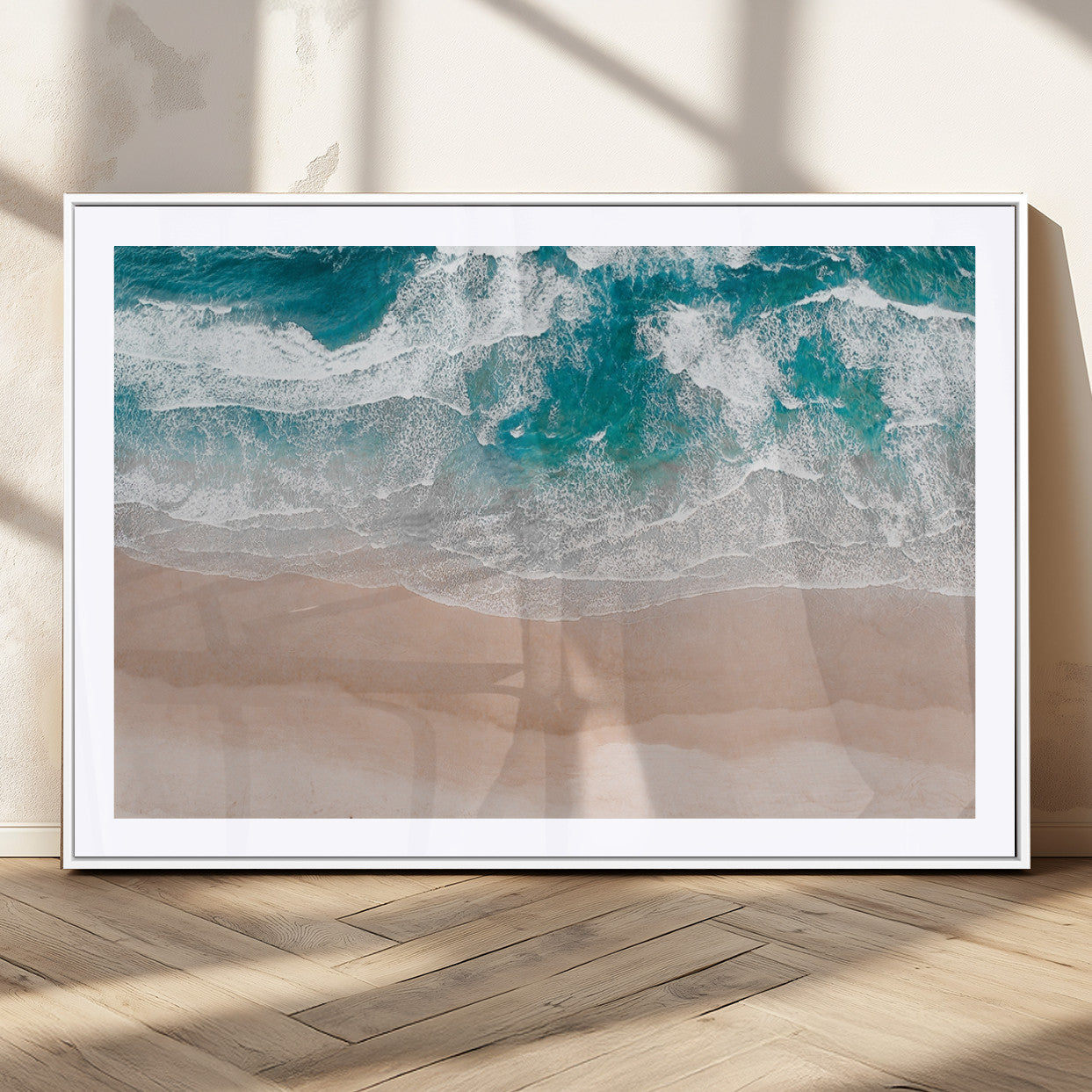 39236-MGC-FP-36x24_White-Ocean Beach Wall Art – Aerial View of Waves and Sand Canvas Print, Coastal Home Decor for Living Room, Bedroom, Office or Beach