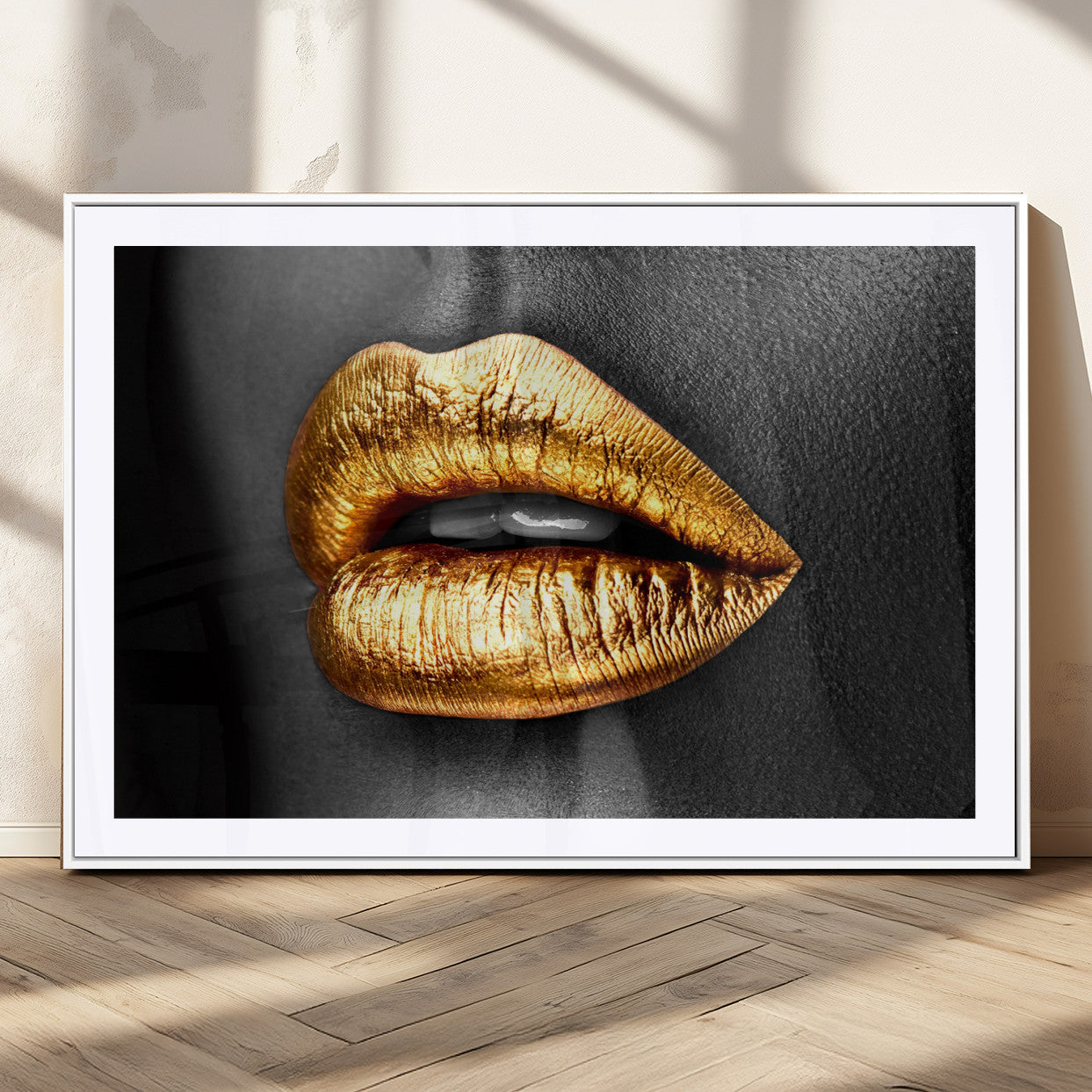 84747-MGC-FP-36x24_White-Golden Lips Black & White Portrait – Glamorous Metallic Lip Art Print, Modern Wall Decor for Bedroom, Beauty & Fashion Lover Gift