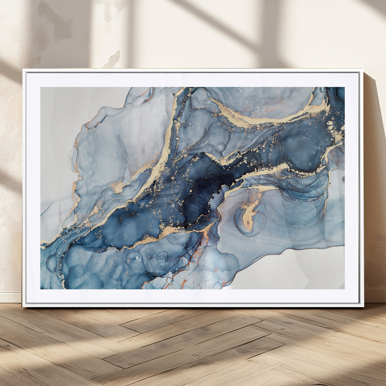 33782-MGC-FP-36x24_White-Abstract Marble Wall Art – Blue & Gold Fluid Painting Canvas Print, Modern Home Decor for Living Room, Bedroom or Office