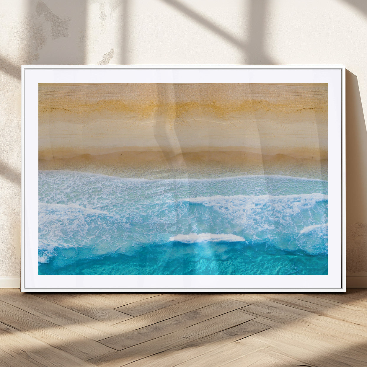 43046-MGC-FP-36x24_White-Aerial Beach Wall Art – Serene Ocean Waves & Sandy Shore Canvas Print, Coastal Home Decor for Living Room, Bedroom or Office