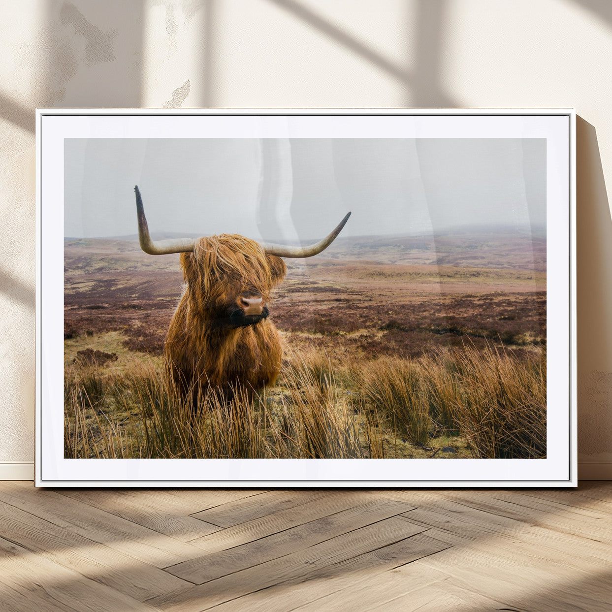 79391-MGC-FP-36x24_White-Majestic Highland Cow in Misty Scottish Moorland – Rustic Natural Charm, Perfect for Unique Home or Office Decor