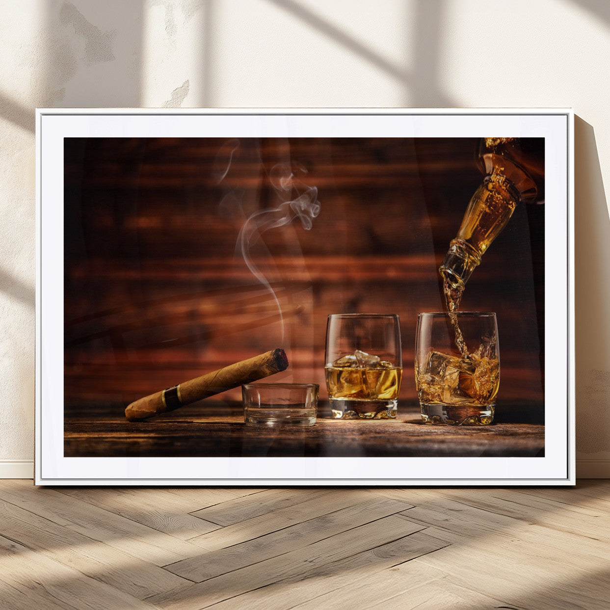 41139-MGC-FP-36x24_White-Whiskey and Cigar Still Life – Glasses with Ice and Pouring Amber Drink on Wooden Table with Smoke, Elegant Bar or Lounge Wall