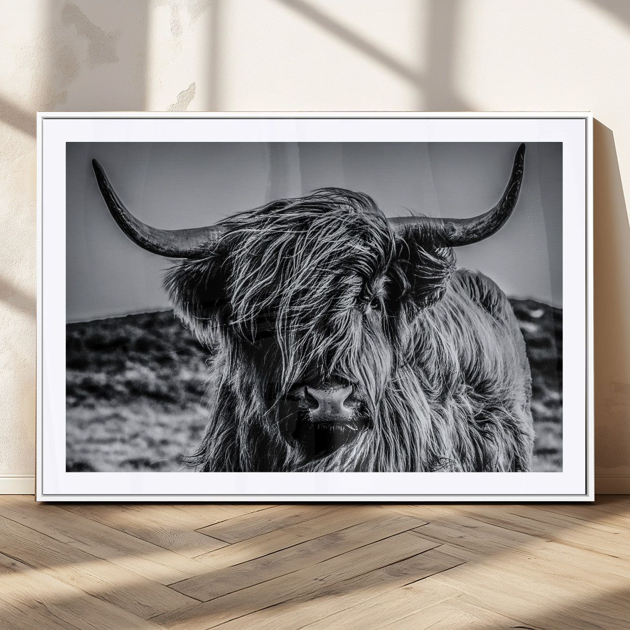 97372-MGC-FP-36x24_White-Elegant Highland Cow Wall Art – Black and White Canvas Print, Rustic Nature Decor for Home, Office, Living Room or Man Cave
