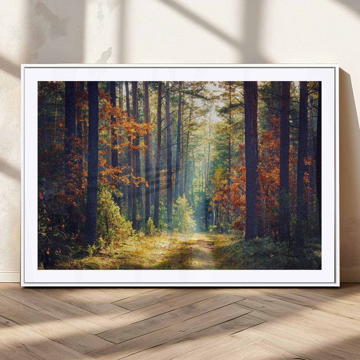 86249-MGC-FP-36x24_White-Sunlit Autumn Forest Path Wall Art – Peaceful Nature Scene with Fall Foliage, Calming Woods Decor for Home or Office