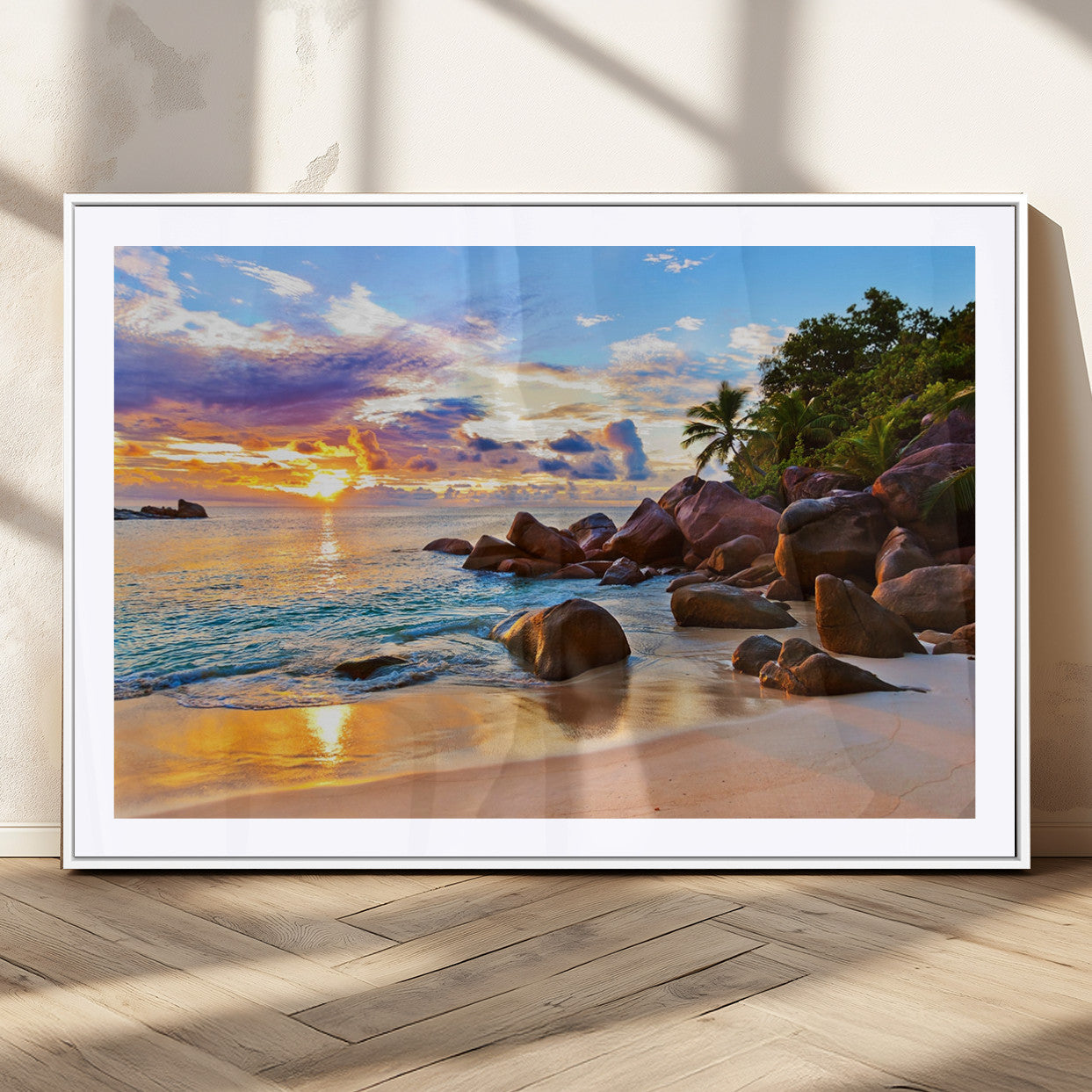 43209-MGC-FP-36x24_White-Tropical Beach Sunset Wall Art – Golden Ocean Waves and Palm Trees with Rocky Shore Canvas Print, Coastal Seascape Decor for