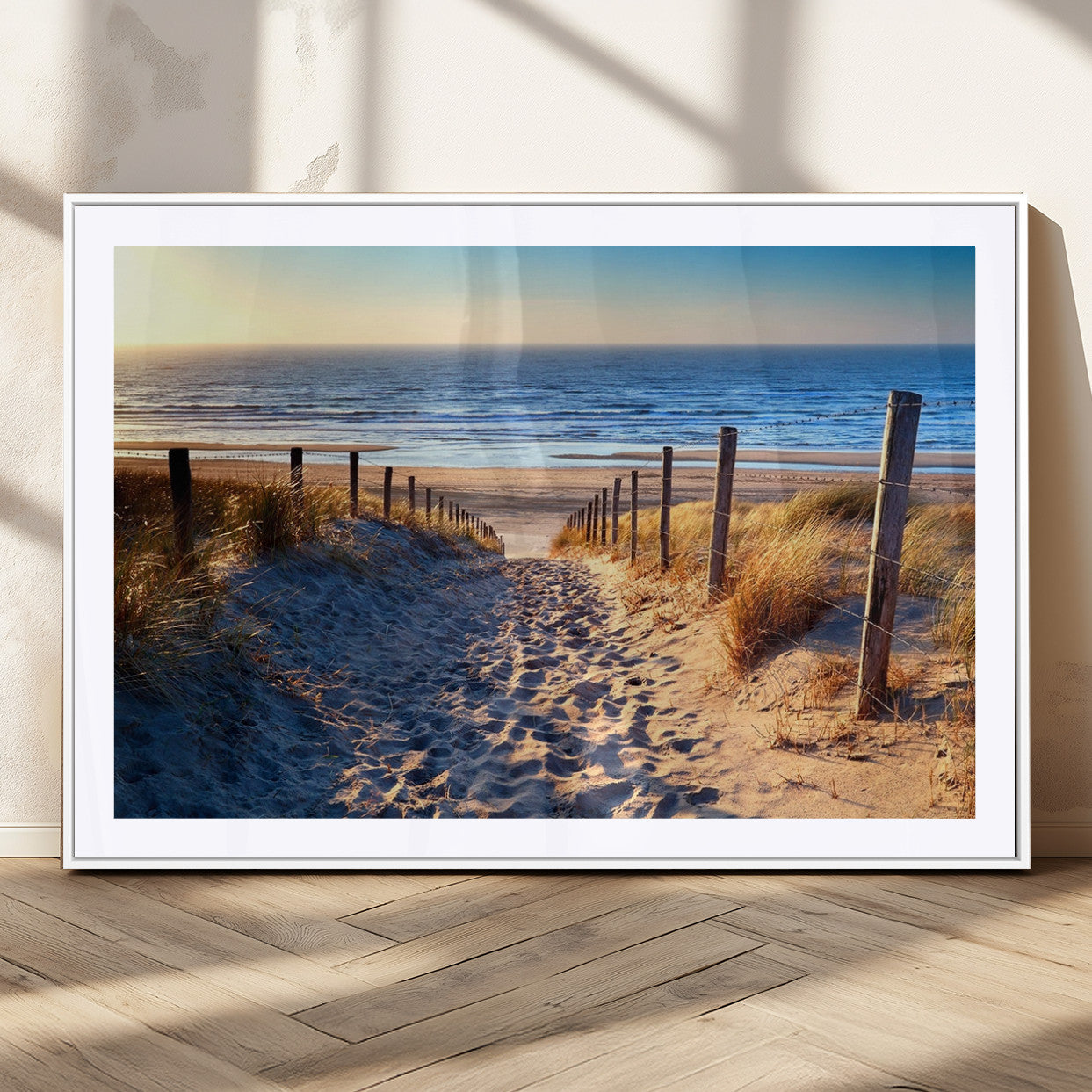 31889-MGV-CV-36X24-Sandy Beach Pathway Wall Art – Coastal Dune Fence and Ocean View Canvas Print, Relaxing Seaside Landscape Decor for Living Room or