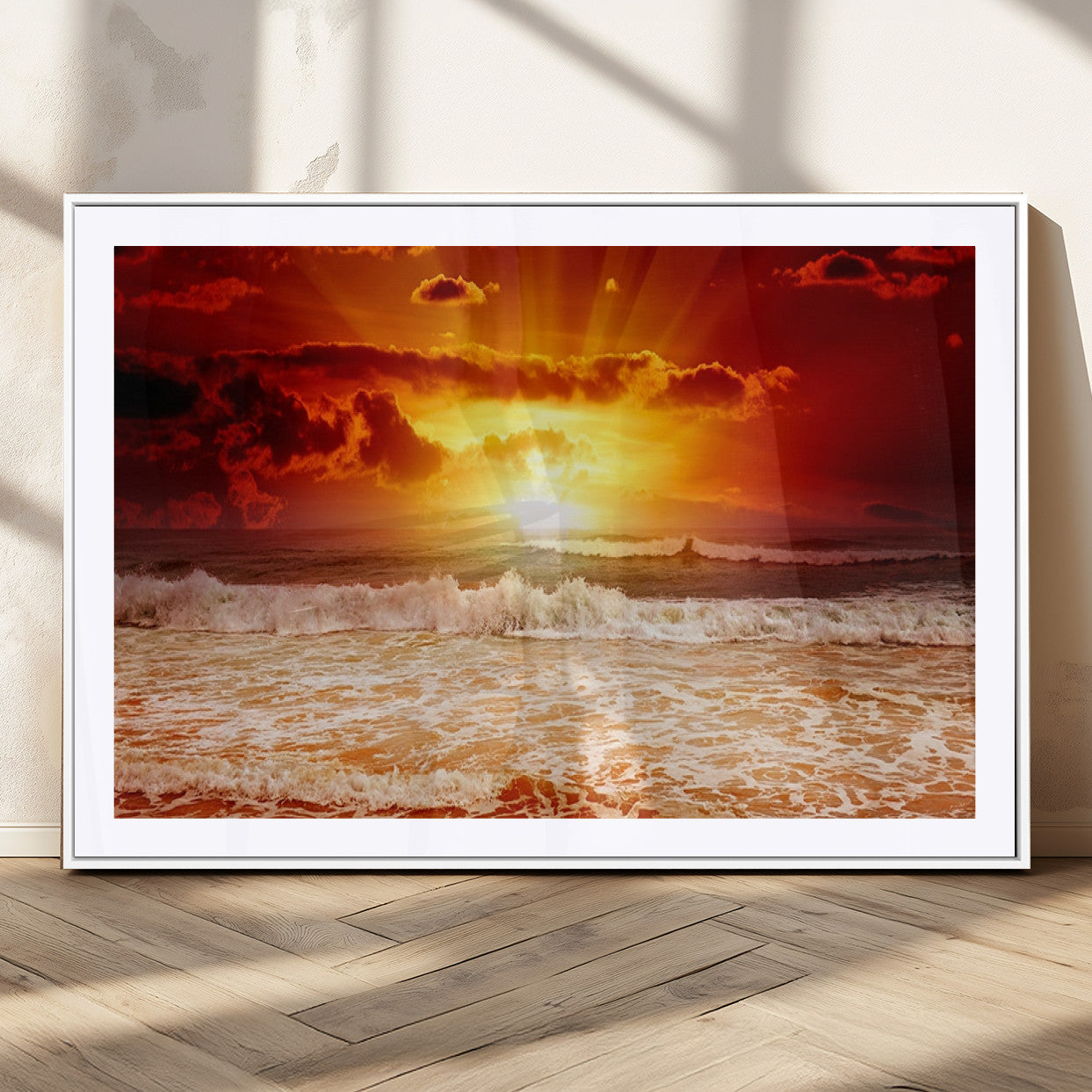 60211-MGC-FP-36x24_White-Fiery Sunset Ocean Waves Canvas Print – Vibrant Red & Orange Coastal Wall Art, Dramatic Seascape Decor