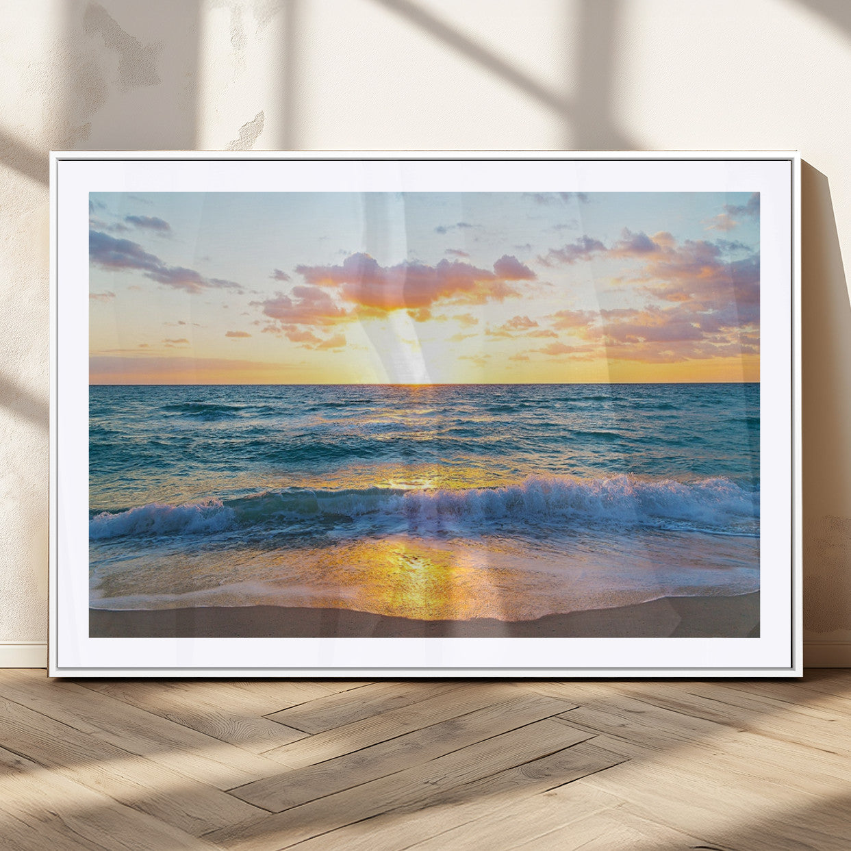 78006-MGV-CV-36X24-Golden Sunrise Ocean Wall Art – Panoramic Beach Waves Canvas Print, Coastal Seascape Artwork for Living Room, Bedroom, Office, or