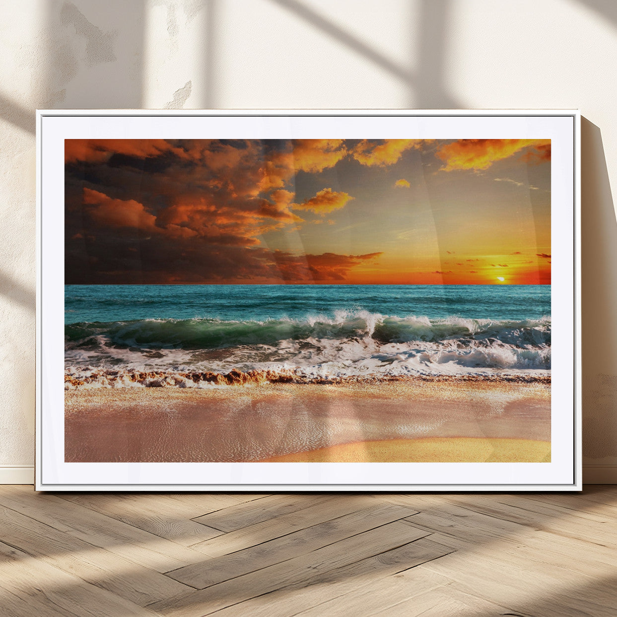 72948-MGV-CV-36X24-Ocean Sunset Wave Wall Art – Dramatic Seascape Canvas Print with Golden Sky and Crashing Waves, Coastal Beach Decor for Living