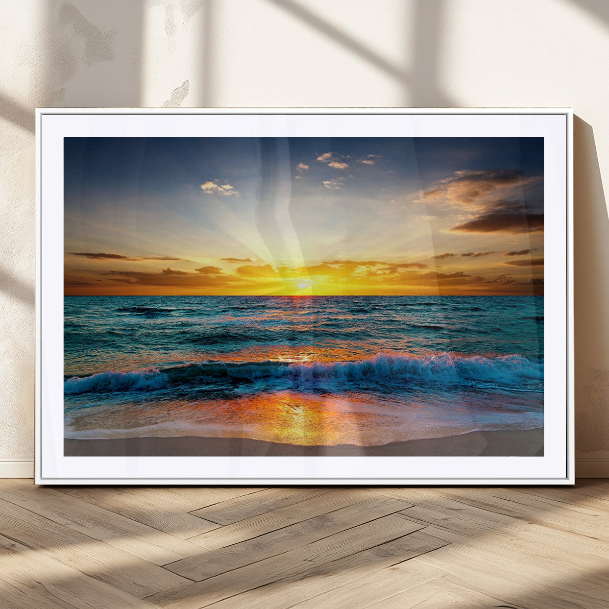 50627-MGV-CV-36X24-Ocean Sunset Wall Art – Serene Beach Canvas Print with Waves and Golden Sky, Coastal Decor for Living Room or Office