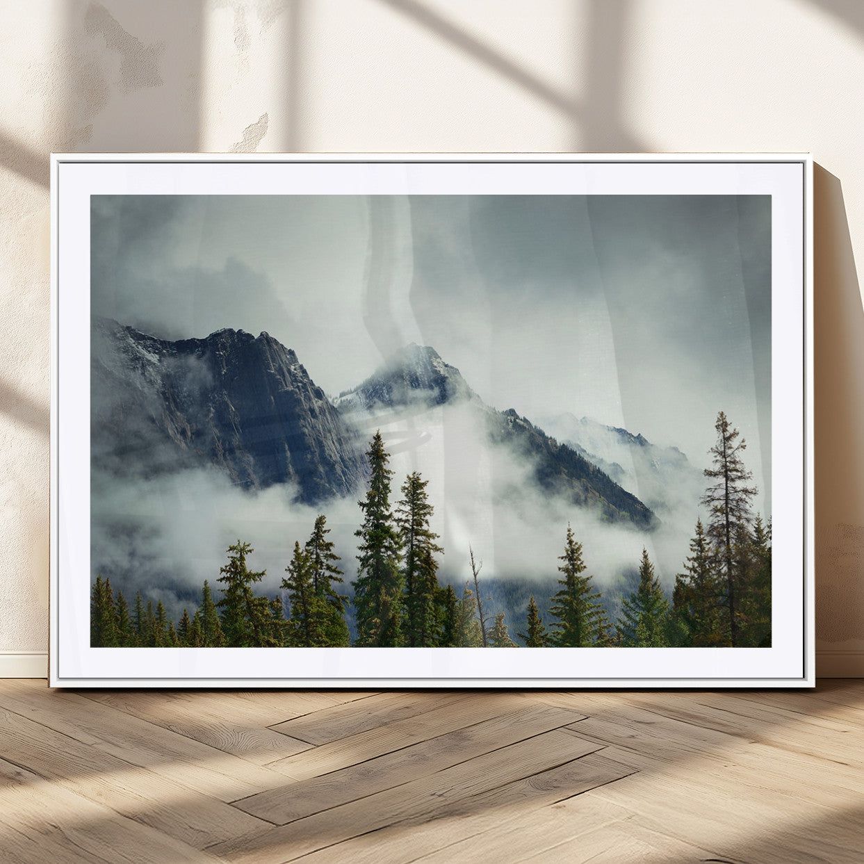 93219-MGC-FP-36x24_White-Misty Mountain Wall Art – Foggy Pines and Rocky Peaks Canvas Print, Nature Landscape Decor for Living Room, Office or Bedroom